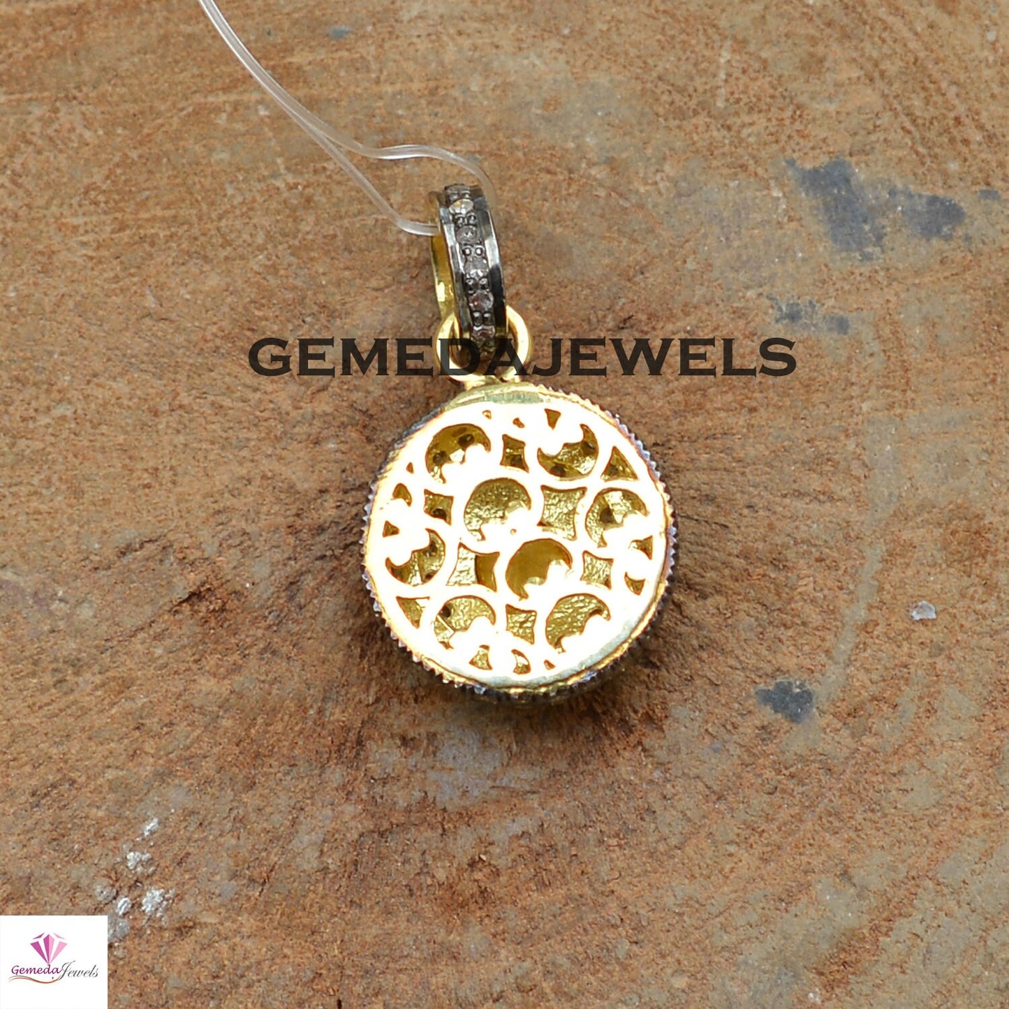 Polki Diamond Pendant, 14k Gold Plated Jewelry, Pave 925 Silver Pendant, Round Shape Pendant, 16" Silver Link Chain Necklace Pendant, Gift