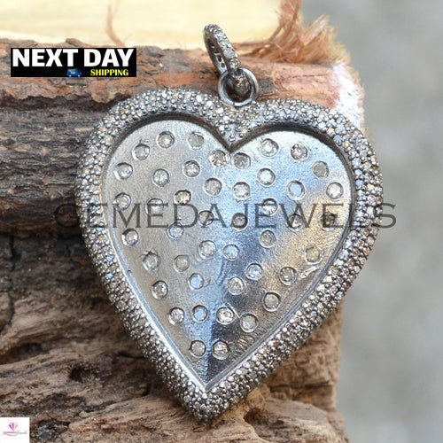 Sale!! 16" Link Chain Necklace, Pave Diamond Pendant, 925 Sterling Silver, Diamond Heart Pendant, Silver Heart Pendant Jewelry, Gift For Her