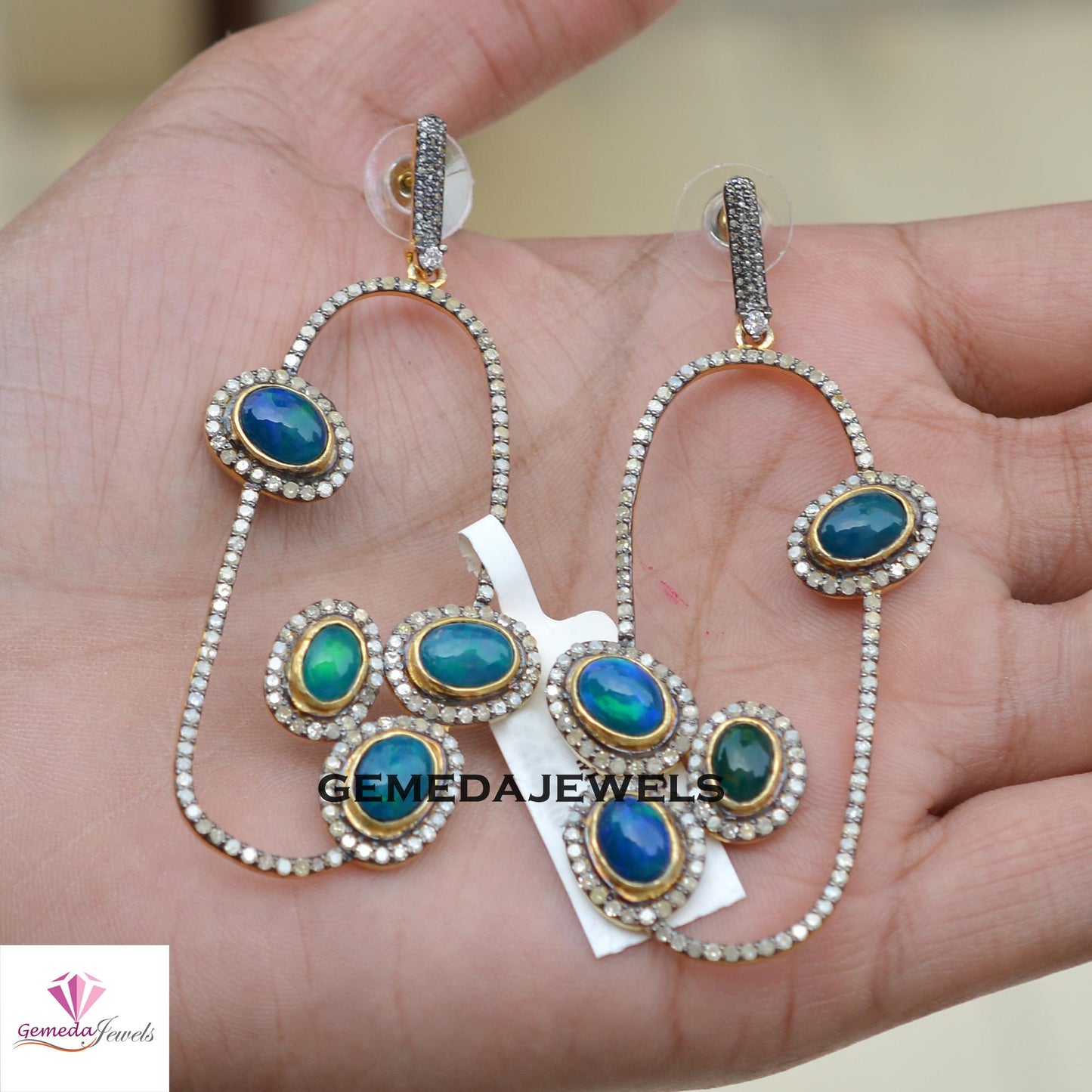 Natural Opal Gemstone Earrings, Solid 925 Silver Jewelry, 14k Gold Vermeil Earring, Sparkling Pave Diamond Earrings, Wedding Gift Jewelry