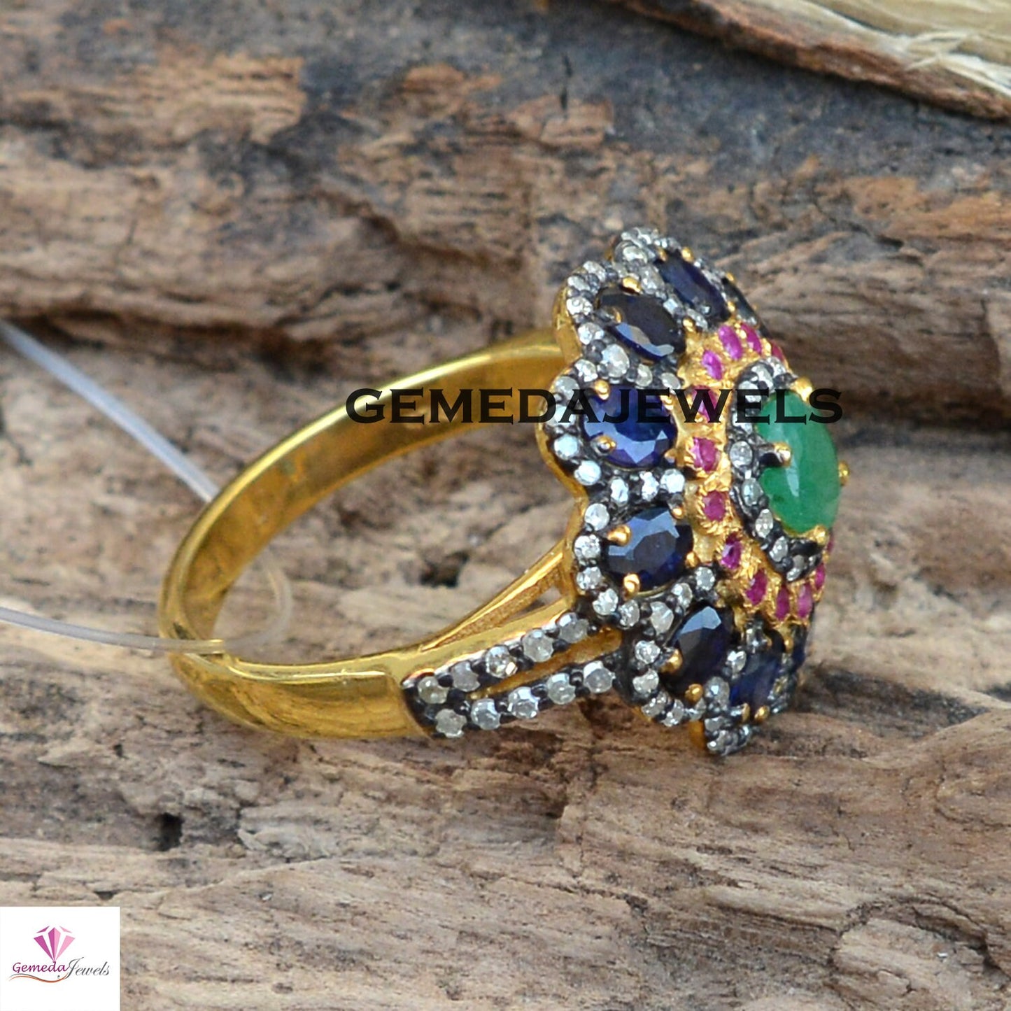 Emerald Gemstone Ring, Sapphire Floral Ring, Ruby Gemstone Ring, Pave Diamond Jewelry, Gemstone Diamond Ring, 925 Silver Gold Filled Jewelry