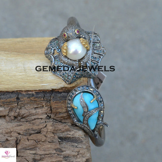 White Pearl Silver Bangle, Turquoise Bangle Bracelet, Pave Diamond Bangle, Diamond Frog Bangle, 925 Silver Jewelry, Adjustable Bangle, Gifts