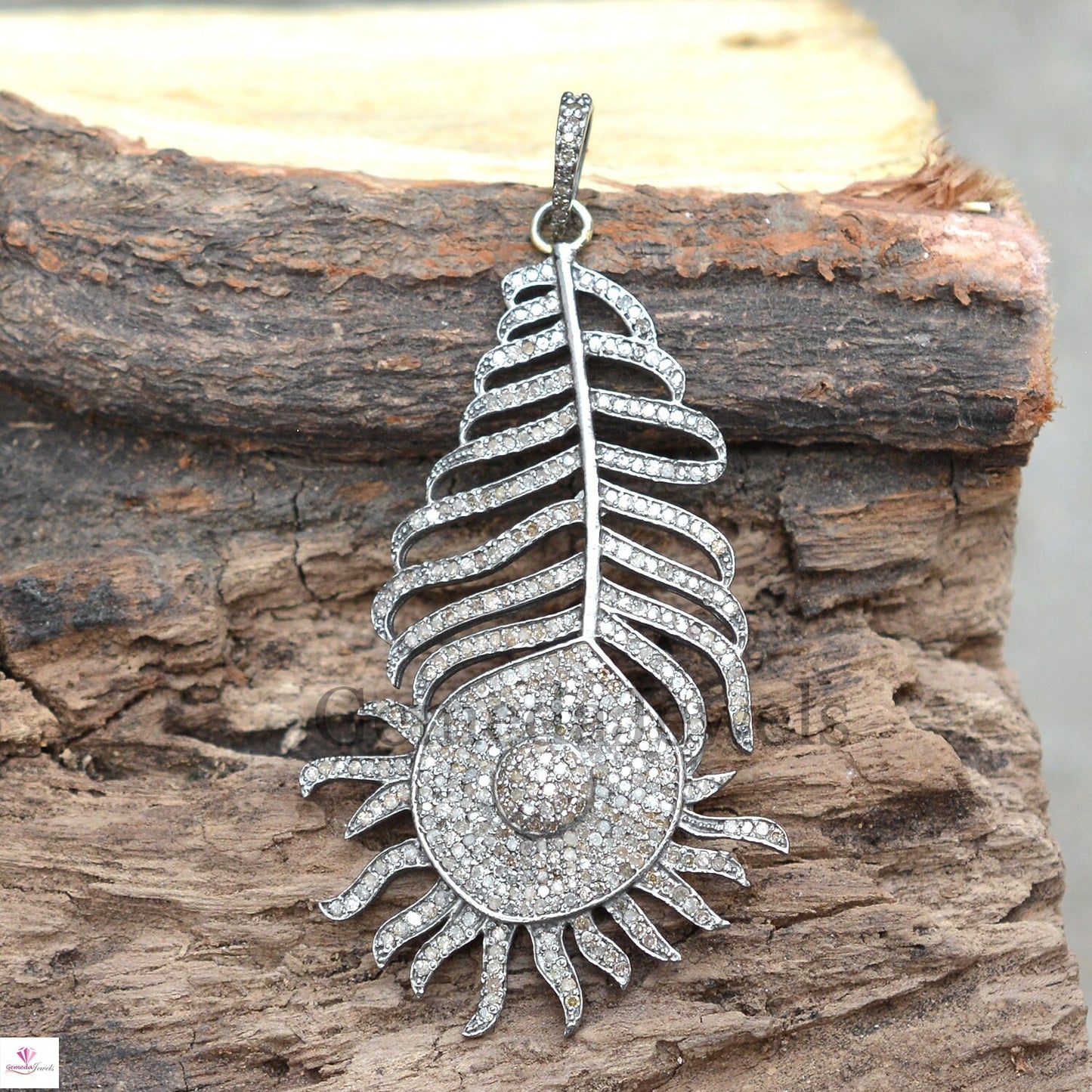 Pave Diamond Pendant, 925 Silver Pendant, Diamond Jewellery, Peacock Feather Pendant, 16" Link Chain Pendant Necklace, Valentine's Gifts