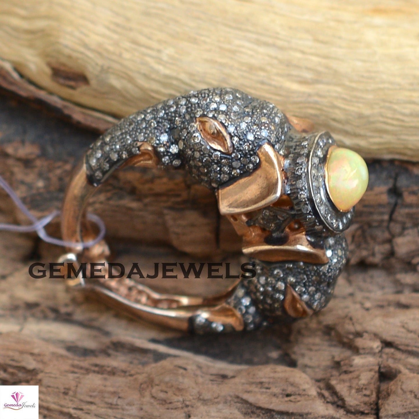 Opal Elephant Ring, Pave Diamond Jewelry, 925 Silver Rose Gold Plated Ring, Genuine Gemstone Jewelry, Animal Diamond Ring, Unisex Jewelry