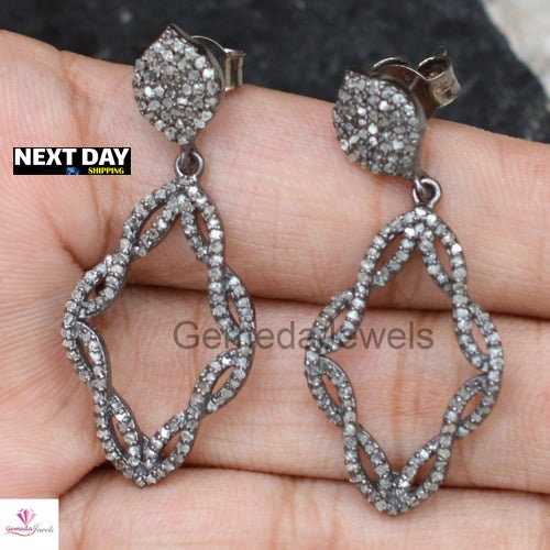 Sale!! Natural Pave Diamond Earring, 925 Sterling Silver Jewelry, Size 38X17 MM Drop Dangle Silver Earrings, Anniversary Gift Jewelry, Gifts