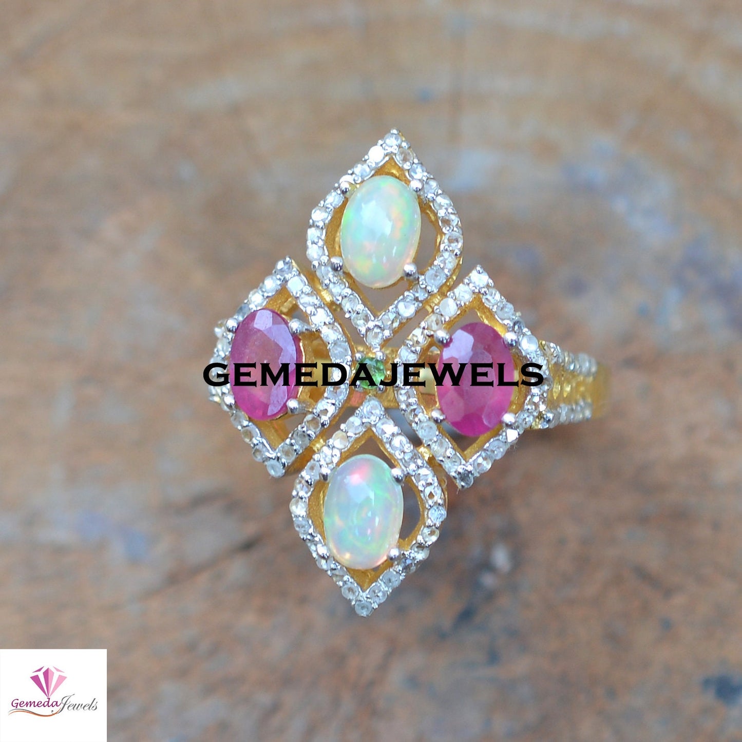 Opal Gemstone Ring, Ruby Silver Ring, Pave Diamond Jewelry, Sterling Silver Jewelry, Gemstone Diamond Ring, 14k Vermeil Plated Jewelry, Gift