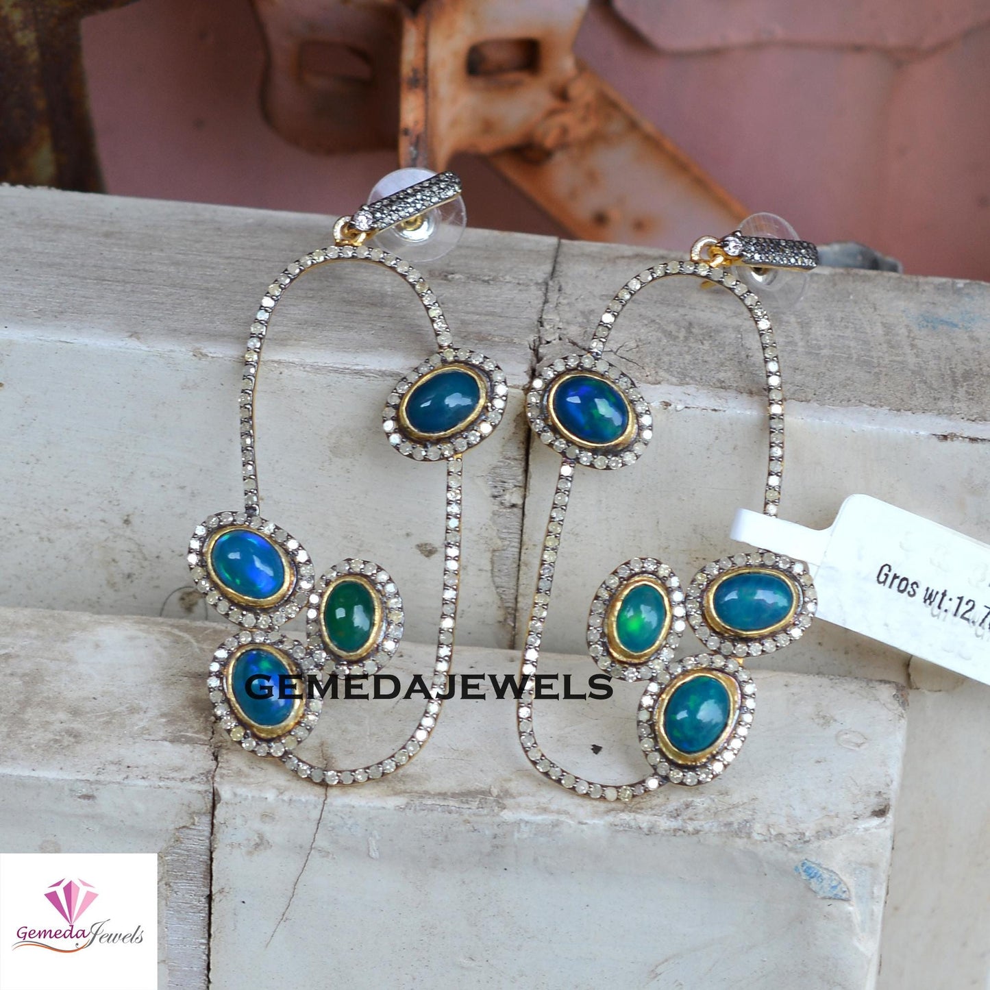 Natural Opal Gemstone Earrings, Solid 925 Silver Jewelry, 14k Gold Vermeil Earring, Sparkling Pave Diamond Earrings, Wedding Gift Jewelry