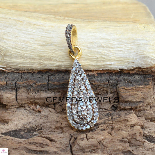 Pave Diamond Charm Pendant, Solid 925 Sterling Silver Jewelry, 14k Gold Vermeil Pendant, 16" Silver Link Chain Necklace, Minimalist Jewelry