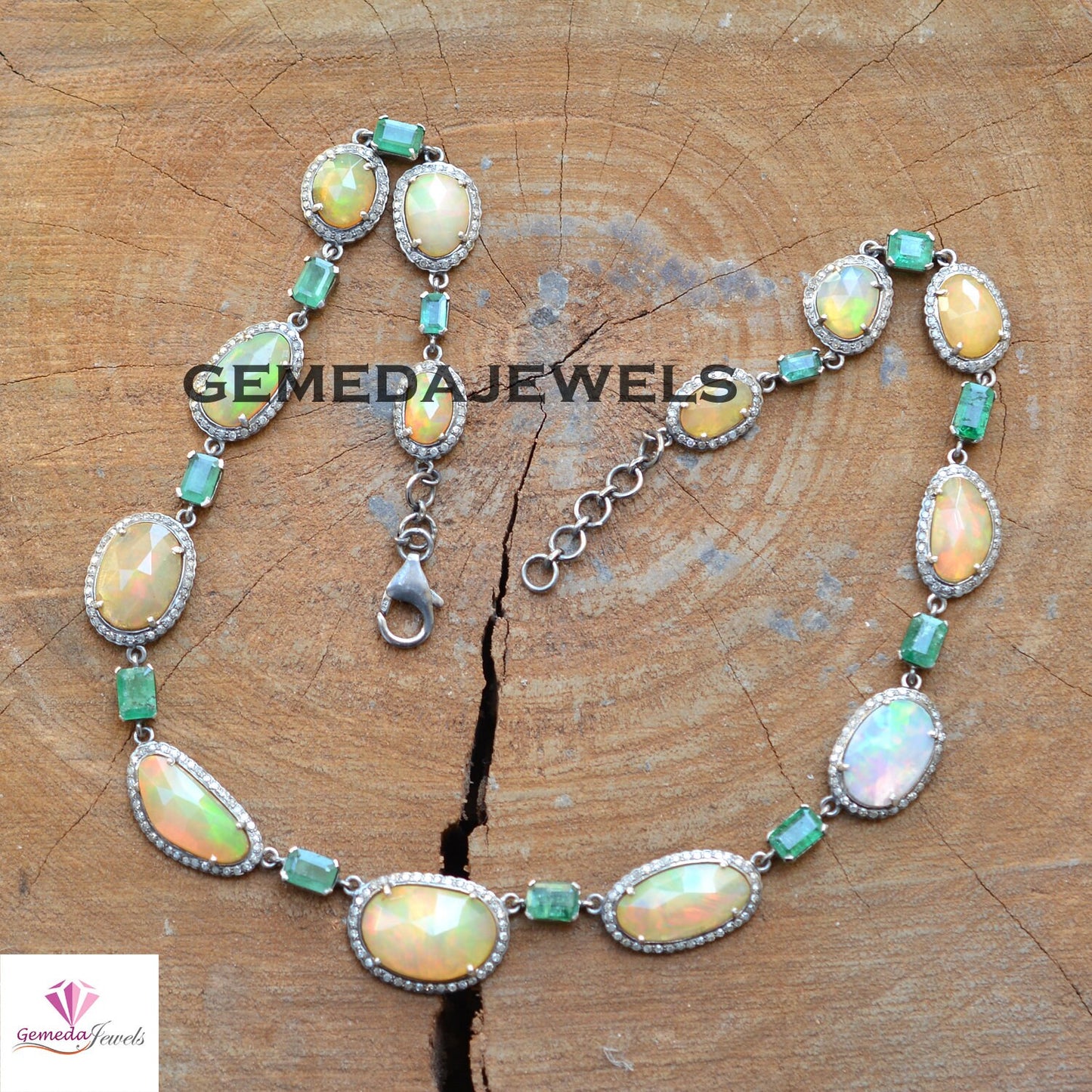 Opal Gemstone Necklace, Sterling Silver Jewelry, Emerald Gemstone Jewelry, Pave Diamond Necklace, 16" Silver Pendant Necklace, Holiday Gifts