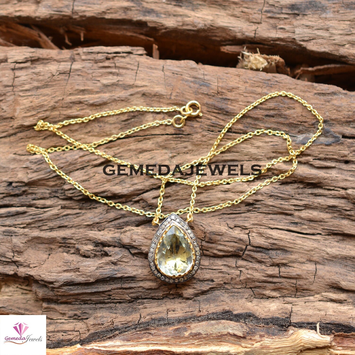 Sale! Lemon Topaz Pendant, Pave Diamond Pendant, 925 Silver Jewelry, 14k Gold Vermeil Jewelry, 18" Silver Link Necklace, Gemstone Jewelry