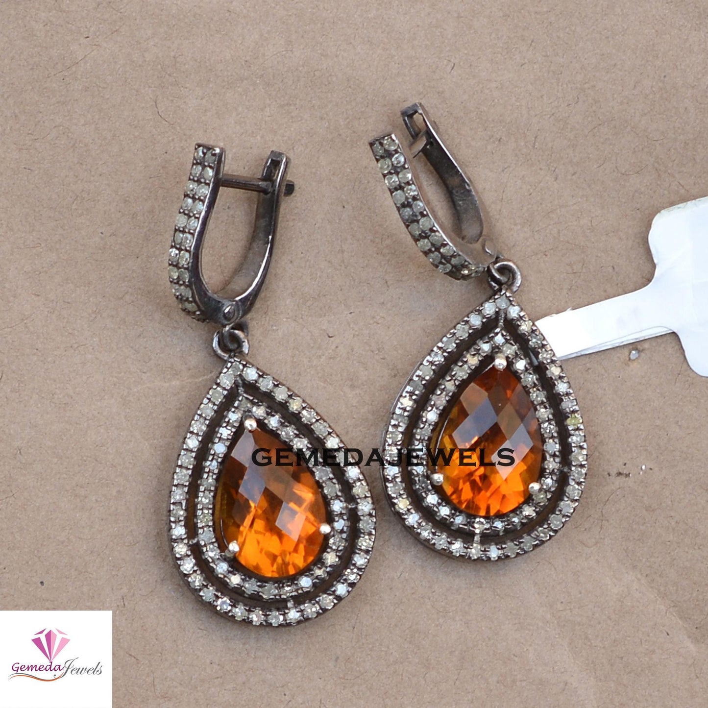 Sale!! Stunning Citrine Gemstone Earrings, Oxidized 925 Silver Jewelry, Pave Diamond Earrings, Gemstone Jewellery, Women's Gift Jewelry