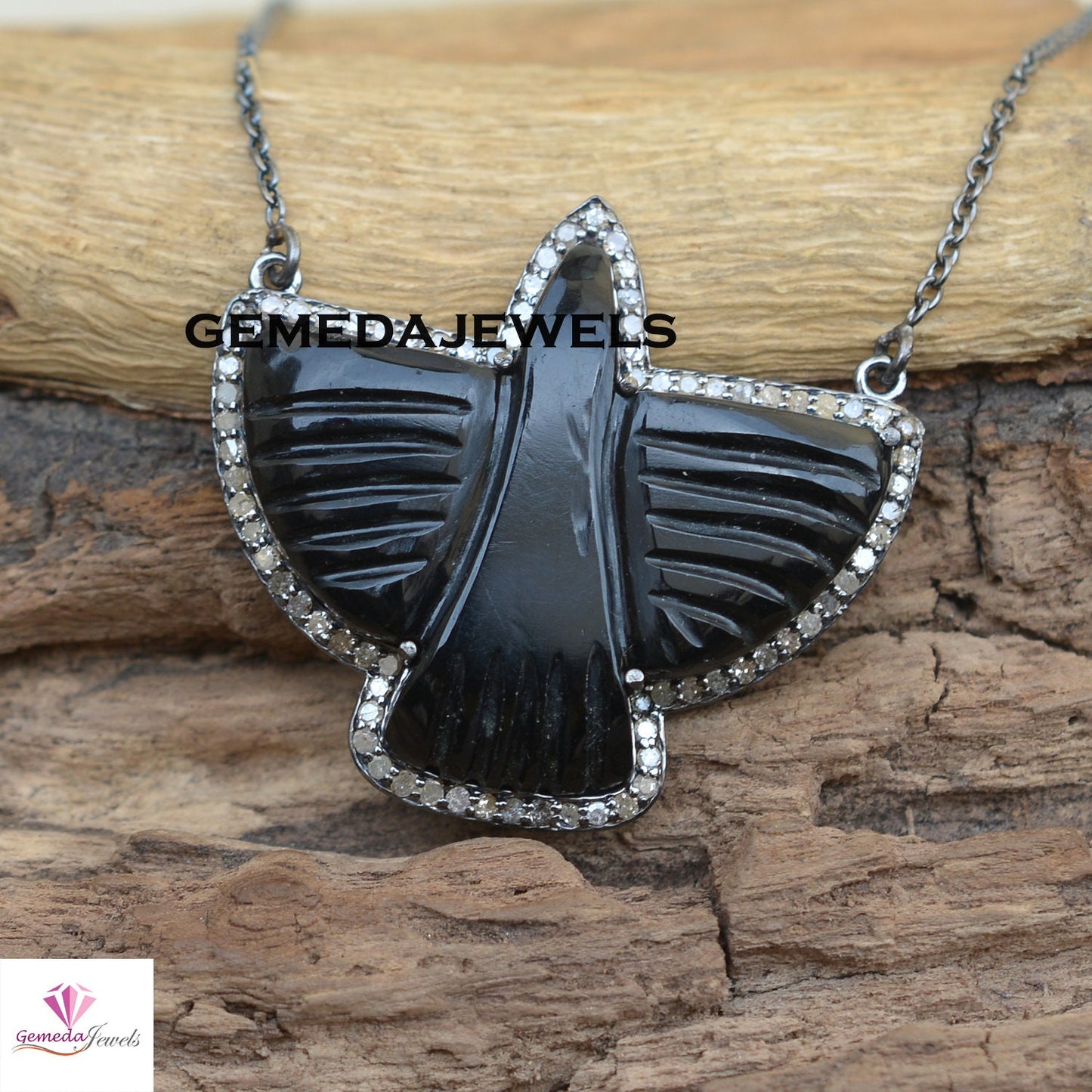 Sale! Black Onyx Hummingbird Gemstone Pendant, 925 Silver 18" Link Chain Pendant Necklace, Pave Diamond Jewelry, Bird Pendant Jewelry, Gift