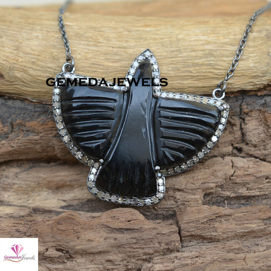 Sale! Black Onyx Hummingbird Gemstone Pendant, 925 Silver 18" Link Chain Pendant Necklace, Pave Diamond Jewelry, Bird Pendant Jewelry, Gift