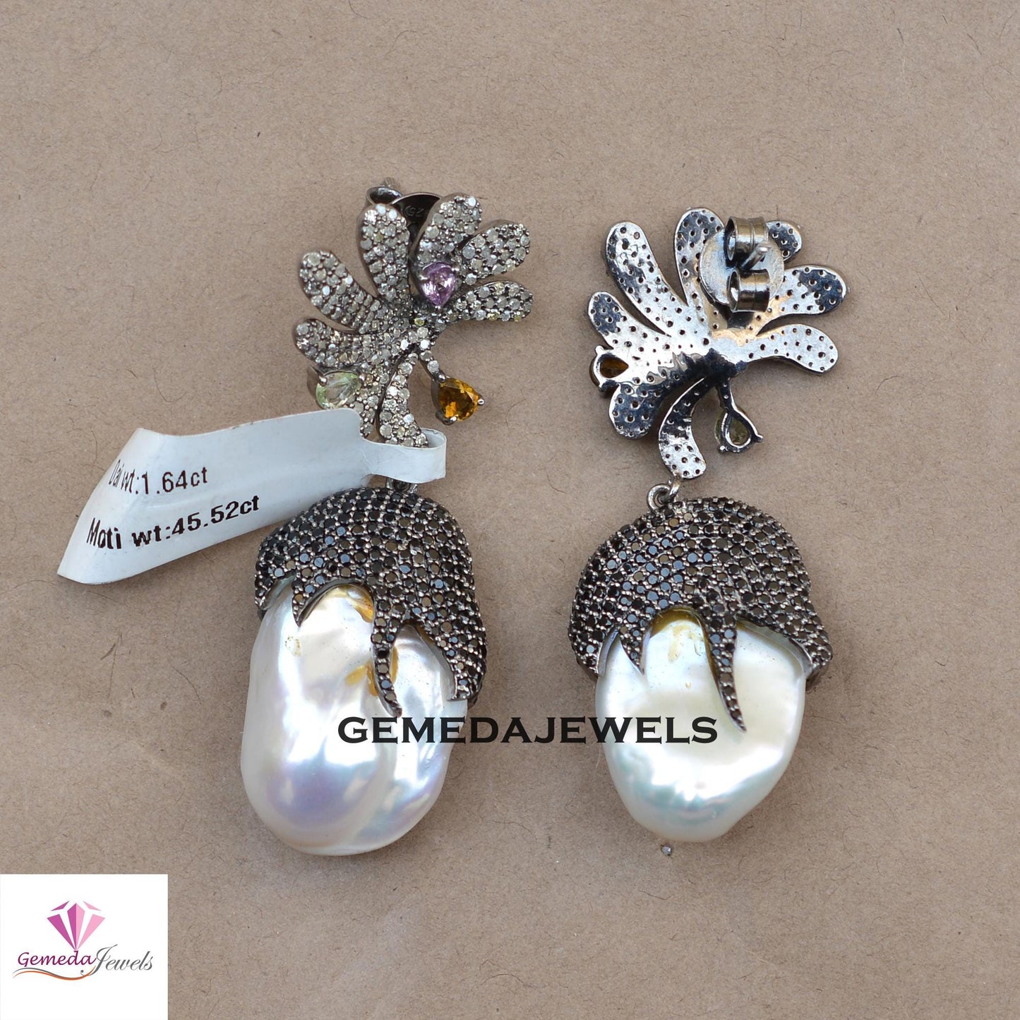 Pearl Earrings, Black Spinel Gemstone Jewelry, Multi Tourmaline Gemstone, 925 Silver Jewelry, Women's Gift Jewelry, Pave Diamond Earrings