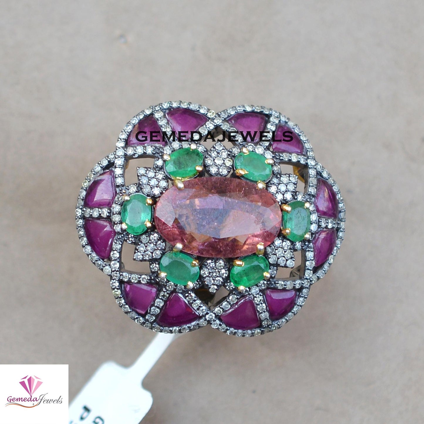 Gorgeous Pink Tourmaline Gemstone Ring, Pave Diamond Jewelry, Emerald 925 Silver Ring, Rhodium Plated Jewelry, Ruby Gemstone Flower Ring