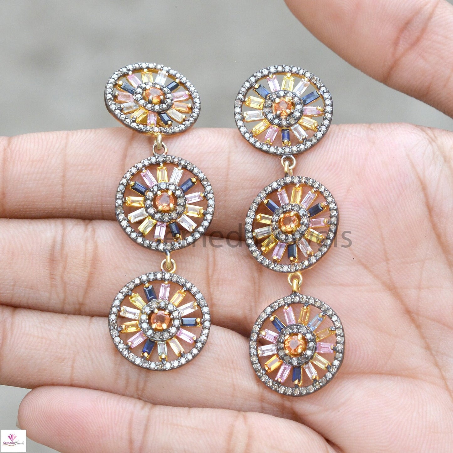 Multi Sapphire Earrings, Pave Diamond Disc Earrings, 925 Silver Jewelry, Gold Vermeil Earrings, Designer Dangle Earring, Valentine Day Gifts