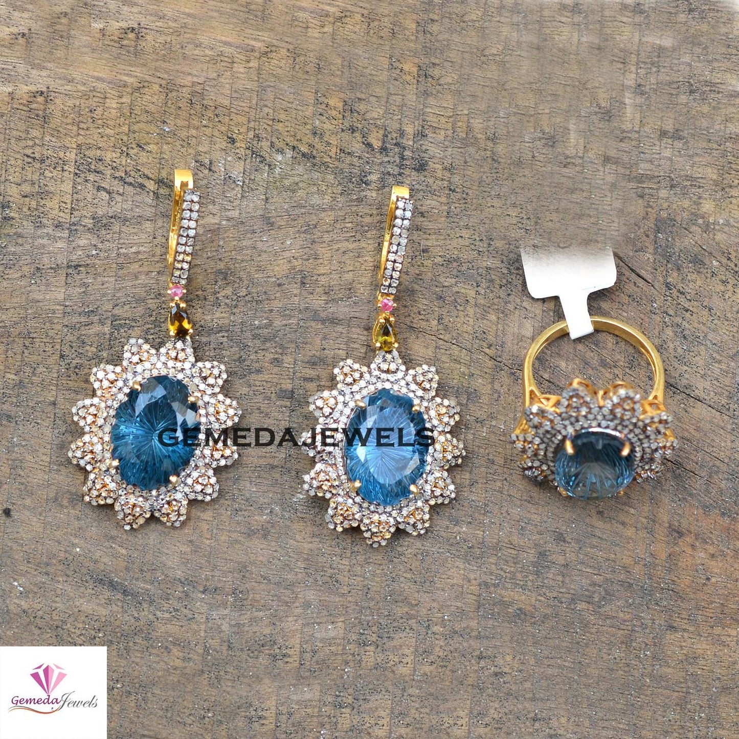 Blue Topaz Earrings, Pave Diamond Flower Earrings, 925 Silver Jewelry, Gemstone Diamond Ring Earrings JEWELLERY SET, Gold Vermeil Jewelry