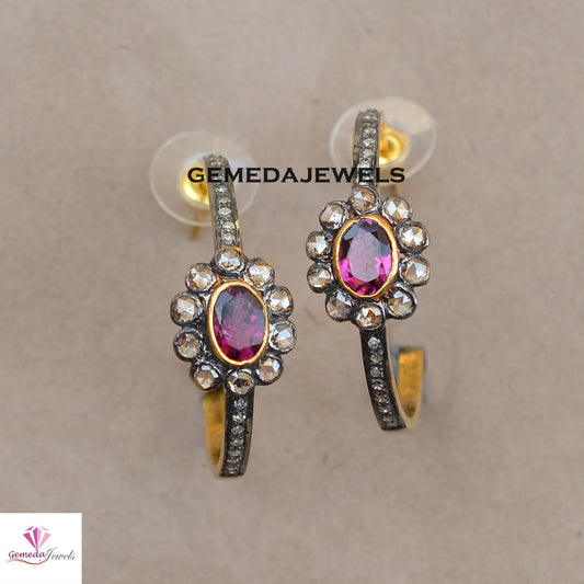 Natural Ruby Gemstone Stud Earrings, Tambuli Diamond Jewelry, Pave Diamond Earrings, Gold Vermeil 925 Silver Stud Jewelry, Valentine's Gift