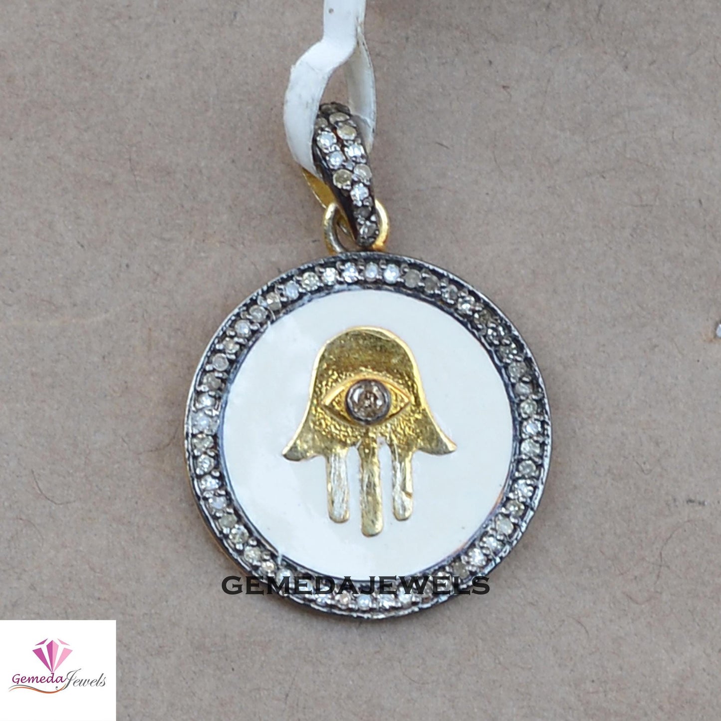 Sale! Genuine Pave Diamond Hamsa Pendant, Round Pendant Jewelry, 16" Link Chain Necklace, 925 Silver Jewelry, 14k Gold Vermeil Pendant, Gift