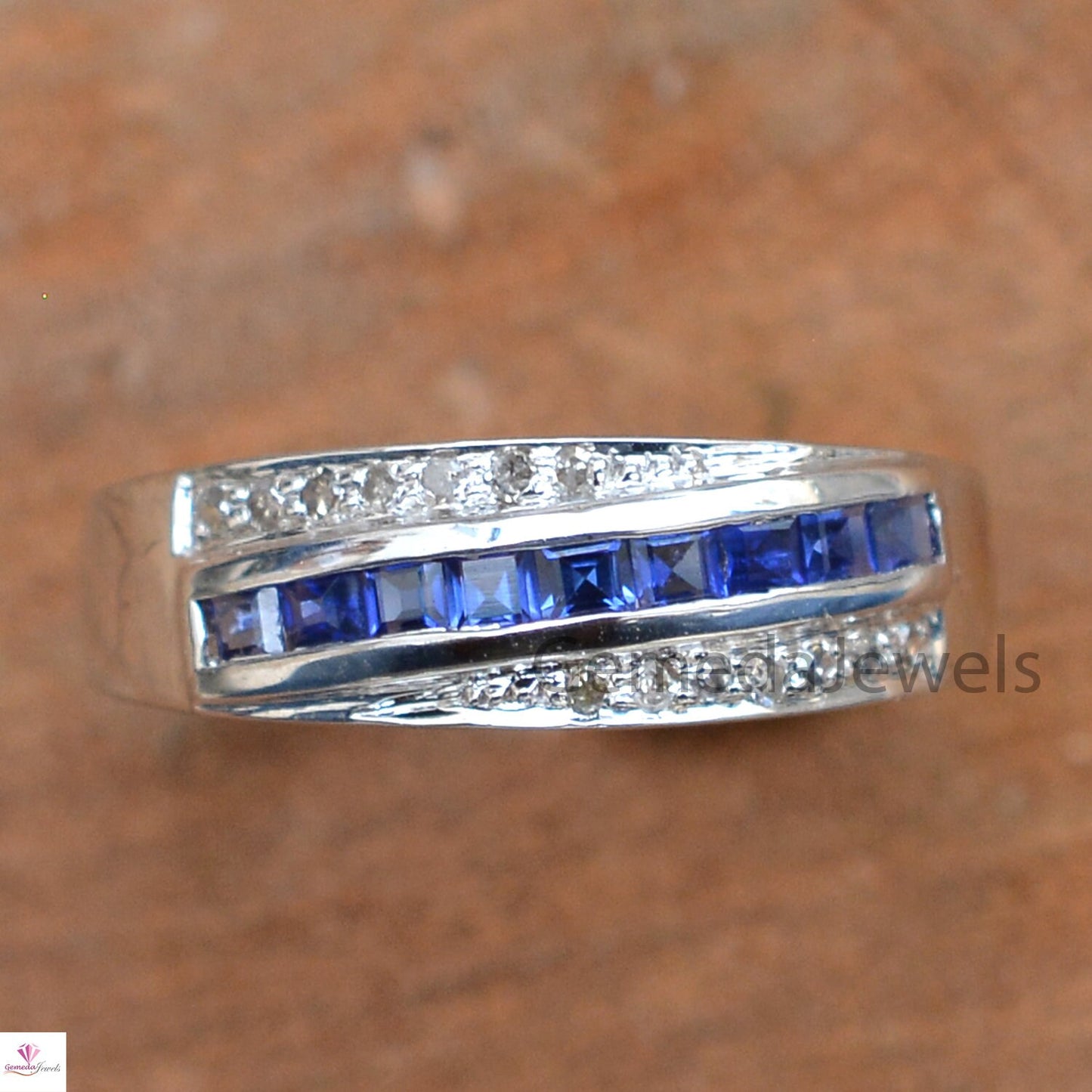 Sale! Genuine Sapphire Band Ring, 925 Sterling Silver Jewelry, Pave Diamond Ring, White Rhodium Plated Ring, Wedding Gift Ring, Gift For Her