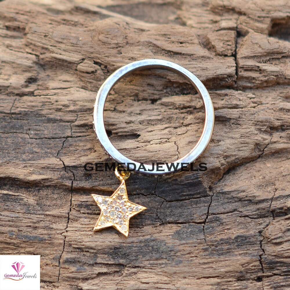 Pave Diamond Band Ring, Star Connector Band Ring, Gold Plated Star Jewelry, Rhodium Plated Star Ring, 925 Silver Jewelry, Minimalist Jewelry