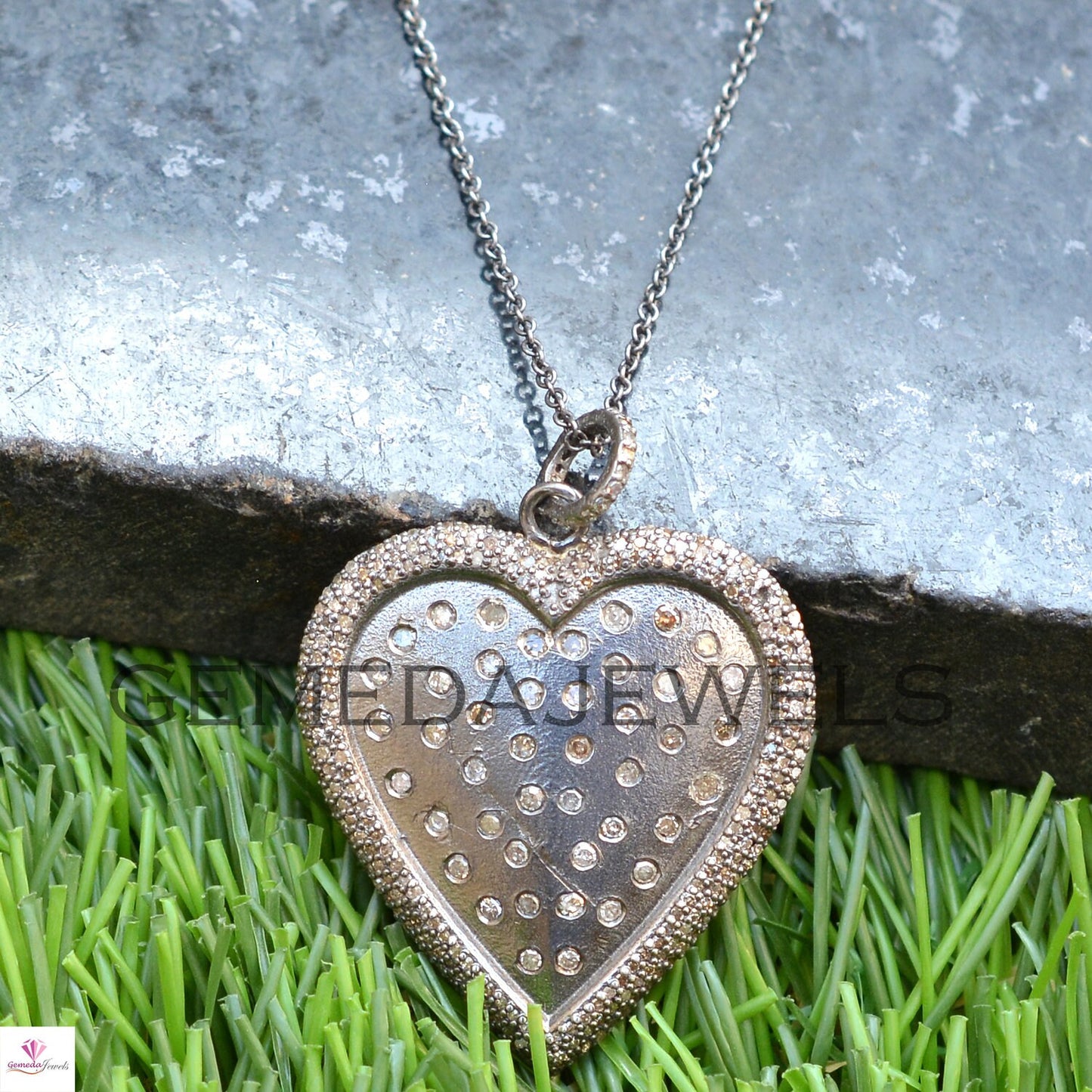 Sale!! 16" Link Chain Necklace, Pave Diamond Pendant, 925 Sterling Silver, Diamond Heart Pendant, Silver Heart Pendant Jewelry, Gift For Her