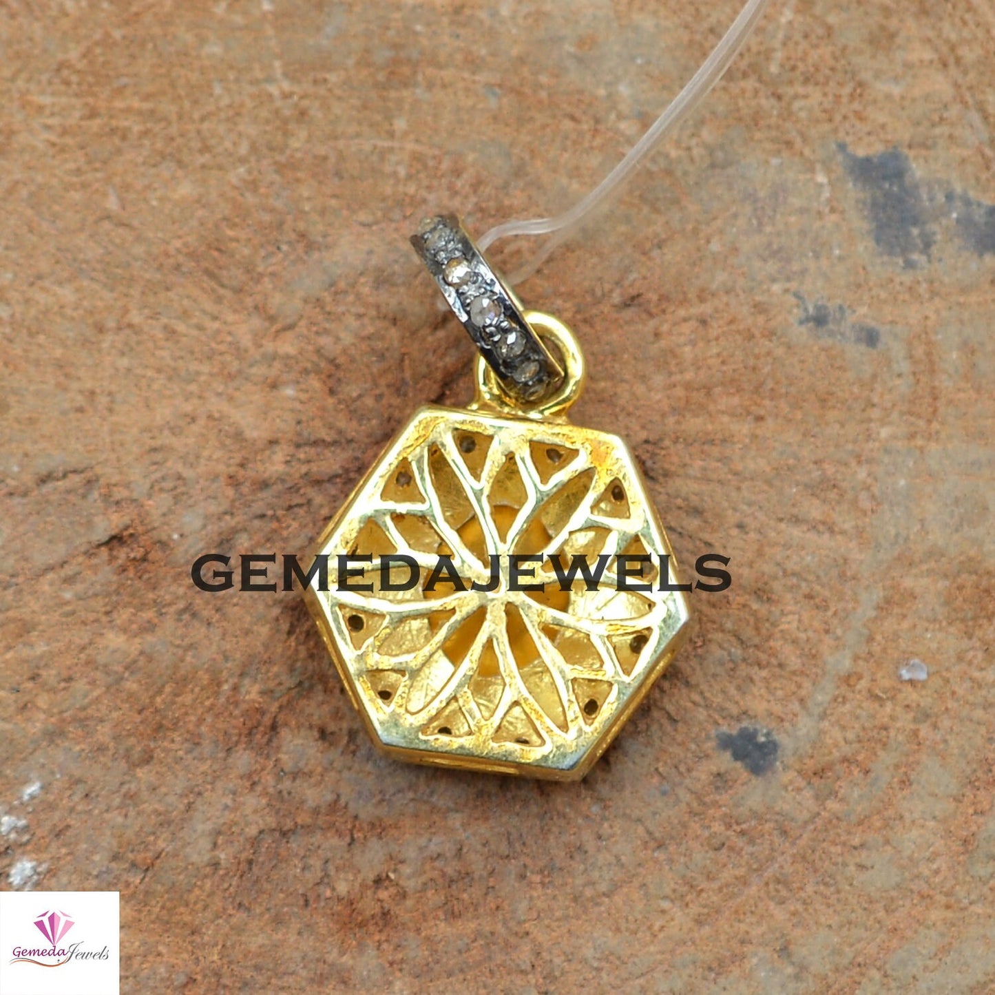 Sale! Rose Cut Polki Diamond Pendant, Yellow Vermeil 925 Silver Pendant, 16" Silver Link Chain Pendant, Hexagon Shape Jewelry, Gift For her