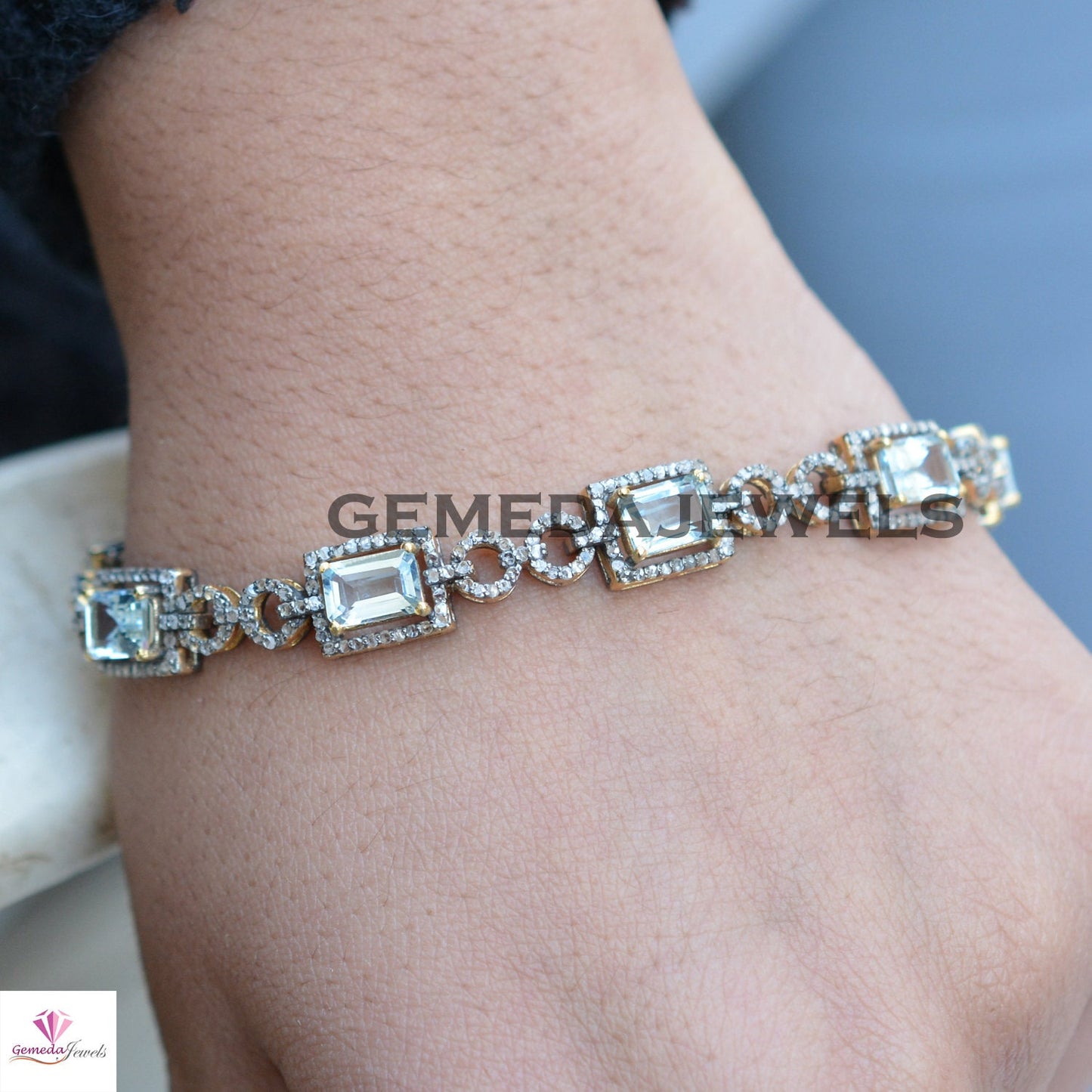 Blue Topaz Bracelet, Pave Diamond Silver Bracelet, Gemstone Diamond Jewelry, 925 Silver Jewelry, Gemstone Link Bracelet, Wedding Jewelry