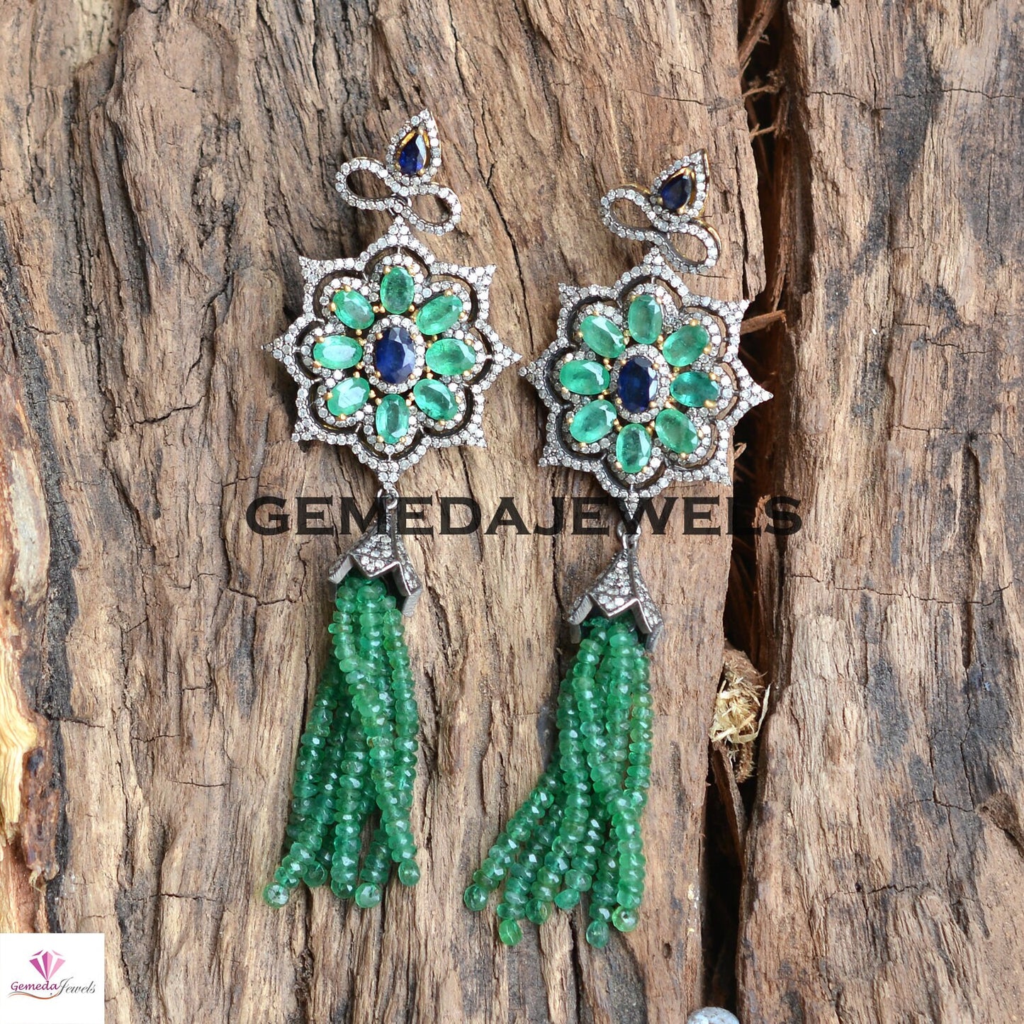 Sapphire Floral Earrings, Emerald Tassel Beads Earring Jewelry, Gemstone Earrings Jewelry, Pave Diamond Jewelry, Solid 925 Silver Earrings