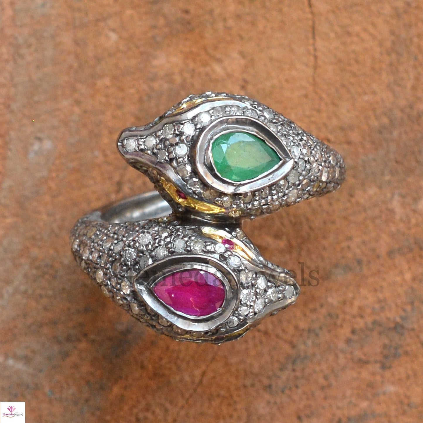 Sale! Natural Ruby Emerald Snake Ring, Pave Setting Diamond Jewelry, Red Eyes Diamond Silver Snake Jewelry, Gemstone Ring, Jewelry For Women