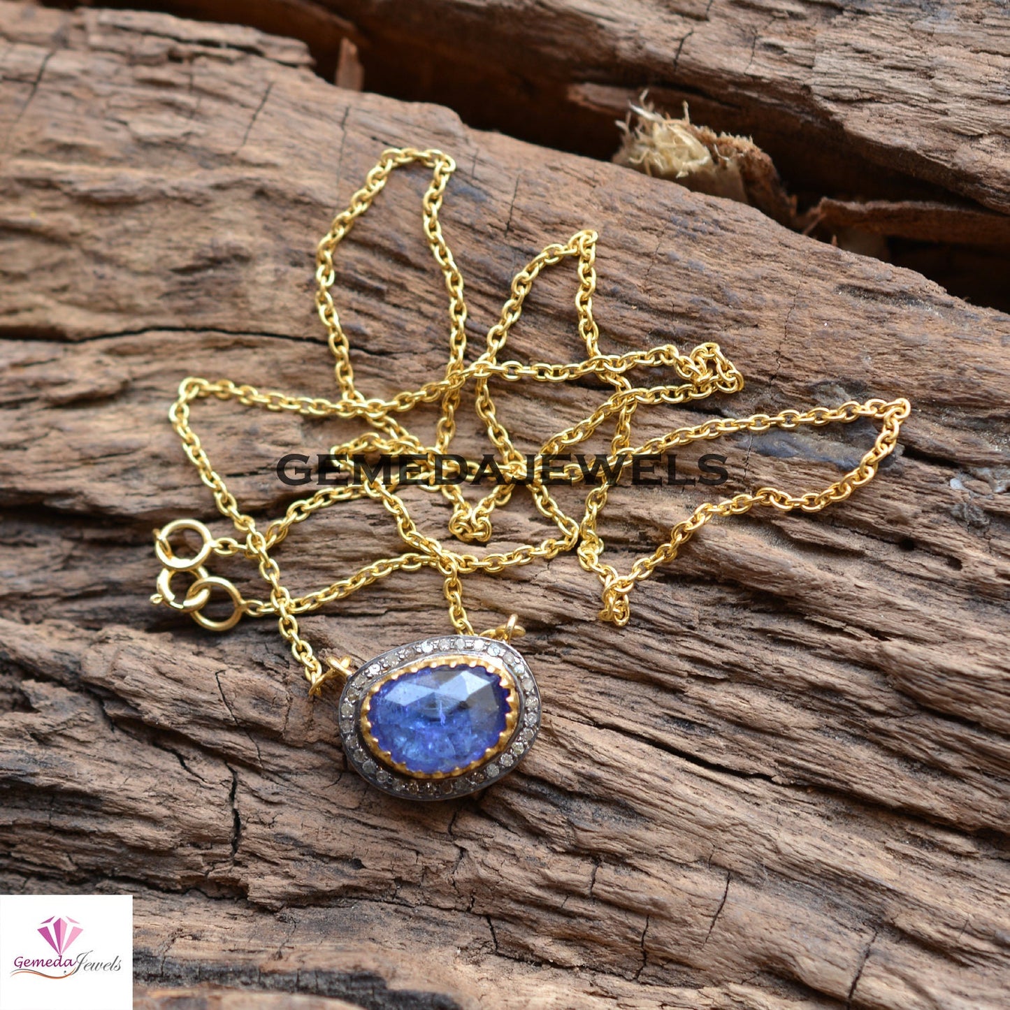 Tanzanite Charm Pendant, Pave Diamond Jewelry, Gemstone Necklace Jewelry, Yellow Gold Plated 20" Chain Necklace, 925 Silver Necklace, Gift