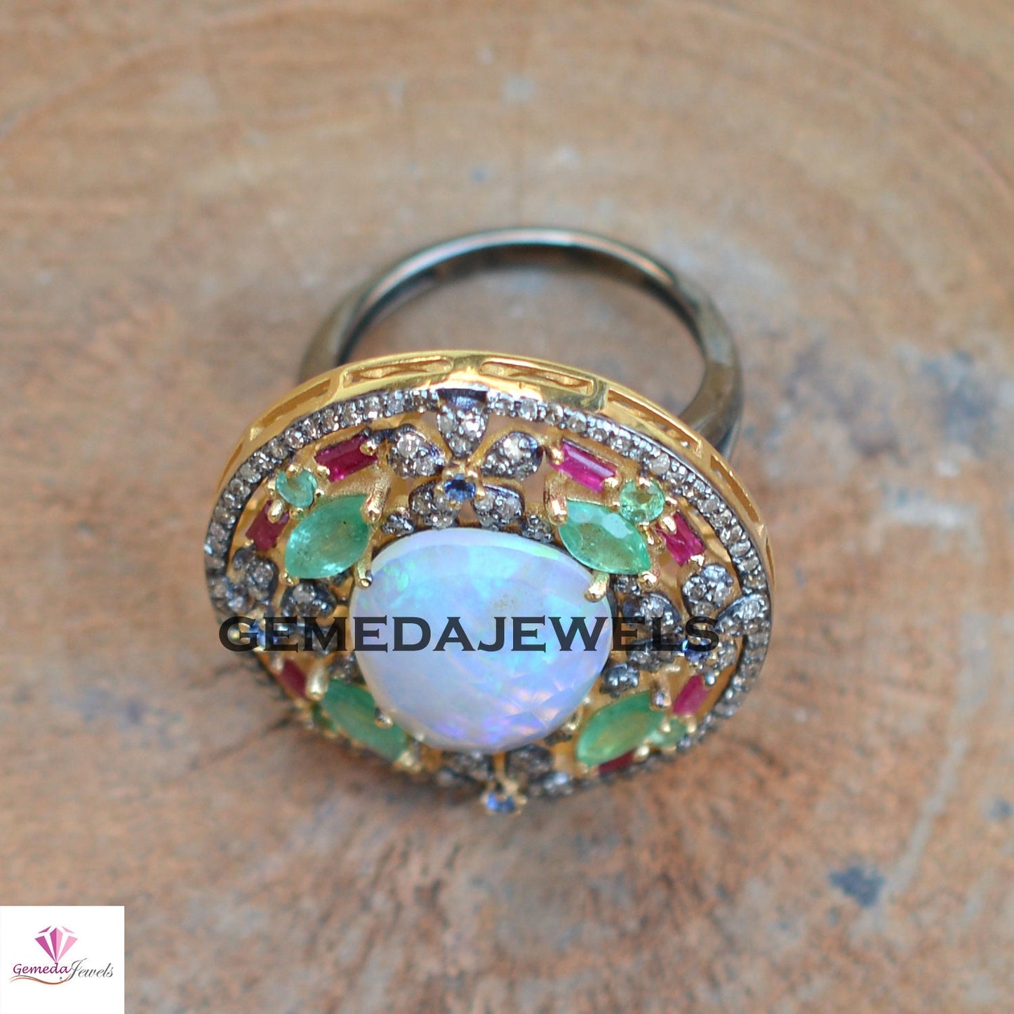 Opal Slice Gemstone Ring, Diamond Flower 925 Silver Ring, Emerald Gemstone Jewelry, 14k Gold Vermeil Ring, Ruby Gemstone Ring, Gifts For Her