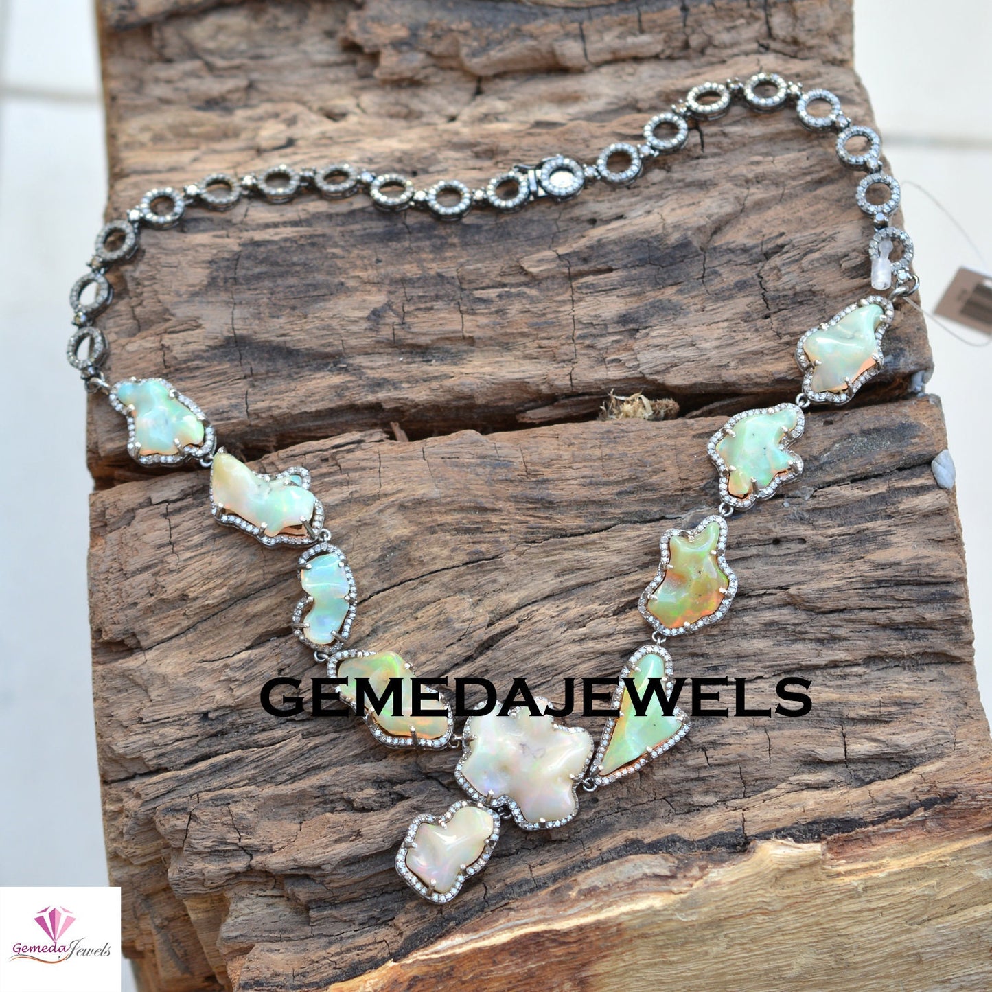 Sale Opal Gemstone Necklace, Pave Diamond Earrings, Opal Necklace Earrings Jewelry Set, 925 Solid Silver, 18" Silver Link Chain Necklace