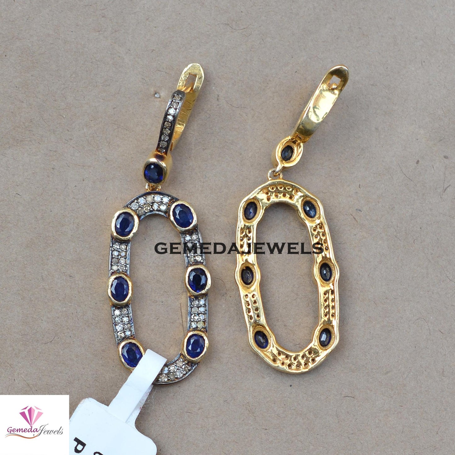 Sale! 925 Silver Gold Vermeil Jewelry, Blue Sapphire Earrings, Pave Diamond Earrings Jewelry, Gemstone Silver Jewelry, Women's Gift Jewelry