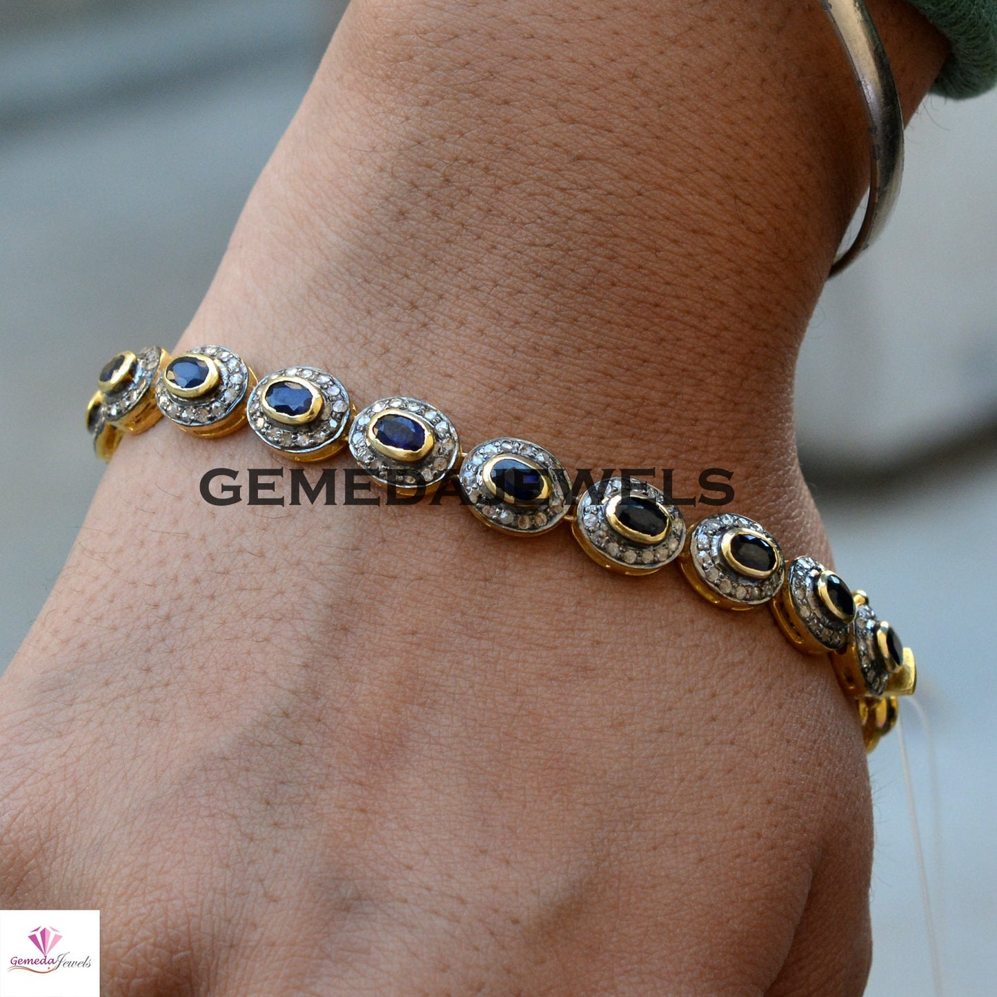 Sale Blue Sapphire Bracelet, 925 Silver Bracelet, 14k Gold Plated Jewelry, Pave Diamond Bracelet, Gemstone Silver Link Chain Bracelet, Gifts