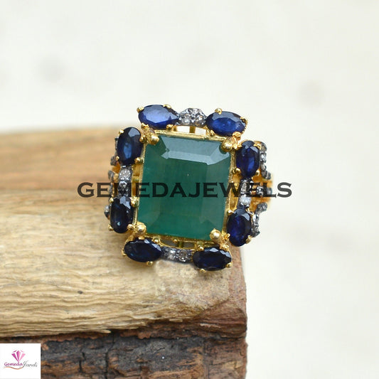 Genuine Emerald Ring, Blue Sapphire Gemstone Ring, Pave Diamond Jewelry, 925 Silver Ring Jewelry, Gold Vermeil Ring, Statement Ring, Gifts