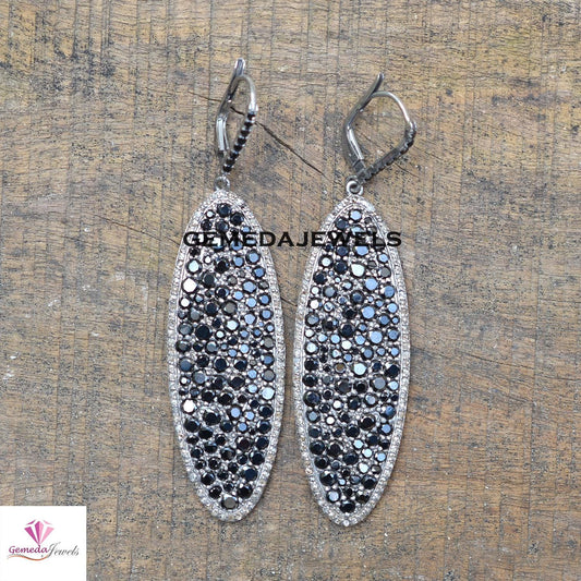 Dazzling Black Spinel Gemstone Earrings, Pave Diamond Jewelry, 925 Silver Dangle Earring, Rhodium Plated Jewelry, Diamond Earrings, Gifts