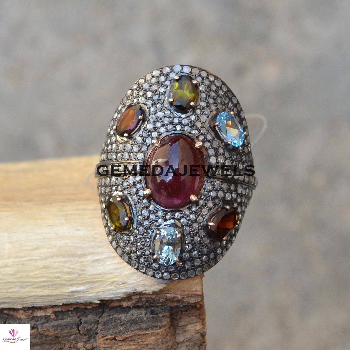 Multi Gemstone Ring, Pave Diamond Ring, Rose Gold Plated Ring, 925 Silver Jewelry, Gemstone Silver Ring, 4th Anniversary Gift, Wedding Gifts