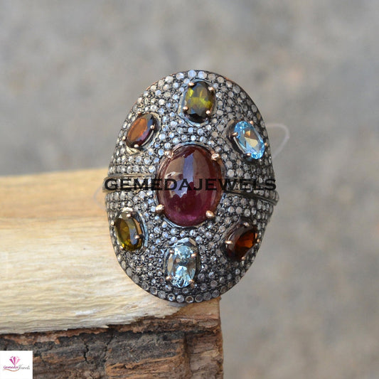 Multi Gemstone Ring, Pave Diamond Ring, Rose Gold Plated Ring, 925 Silver Jewelry, Gemstone Silver Ring, 4th Anniversary Gift, Wedding Gifts