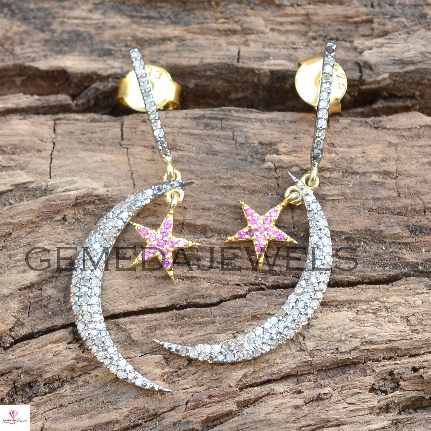 Pave Diamond Crescent Moon Earring, 925 Silver Gold Jewelry, Ruby Gemstone Star Earrings, Handmade Earrings, Gift For her, Bridesmaid Gift