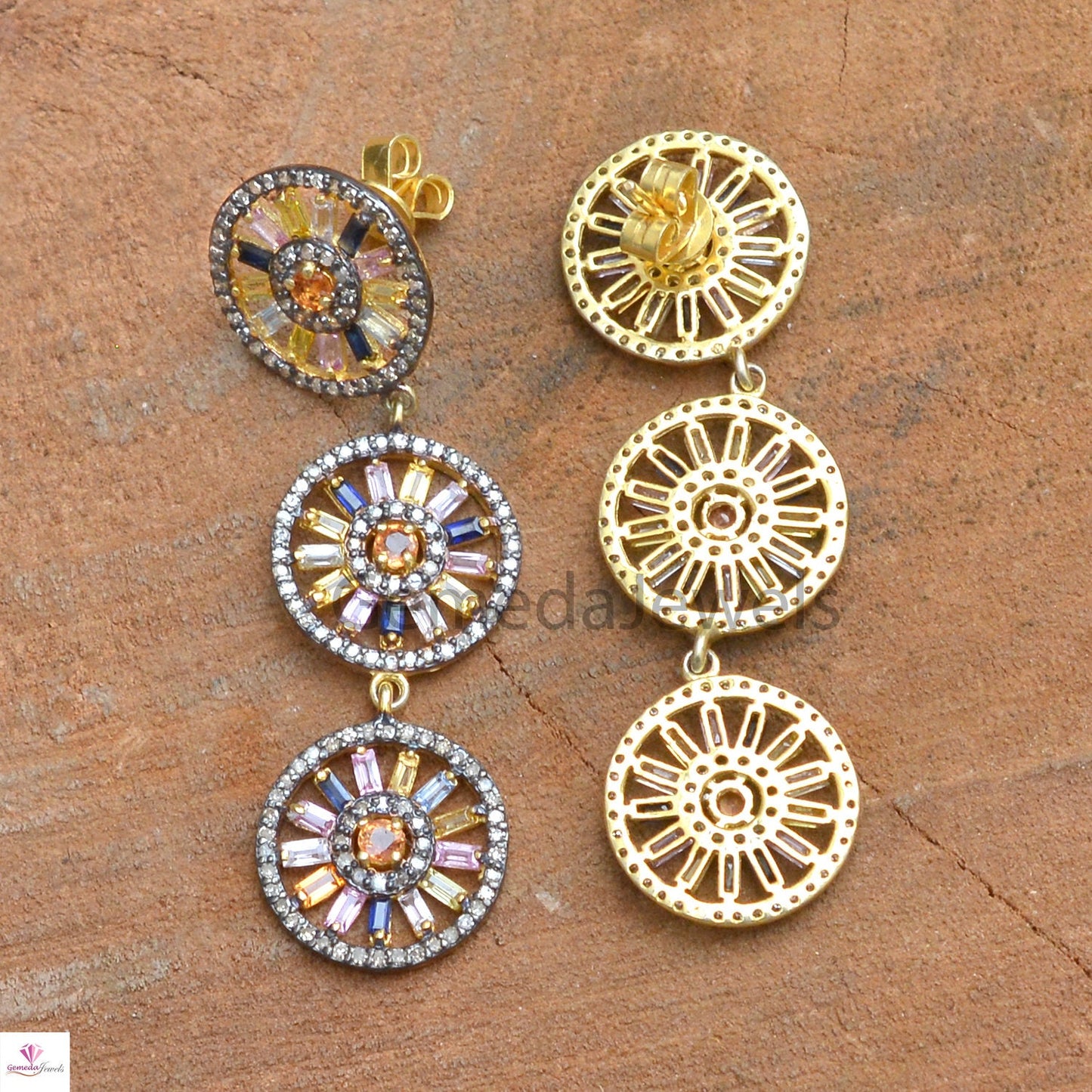 Multi Sapphire Earrings, Pave Diamond Disc Earrings, 925 Silver Jewelry, Gold Vermeil Earrings, Designer Dangle Earring, Valentine Day Gifts