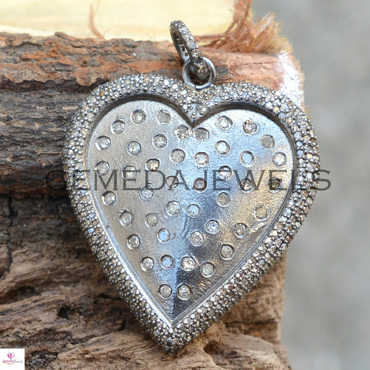 Sale!! 16" Link Chain Necklace, Pave Diamond Pendant, 925 Sterling Silver, Diamond Heart Pendant, Silver Heart Pendant Jewelry, Gift For Her