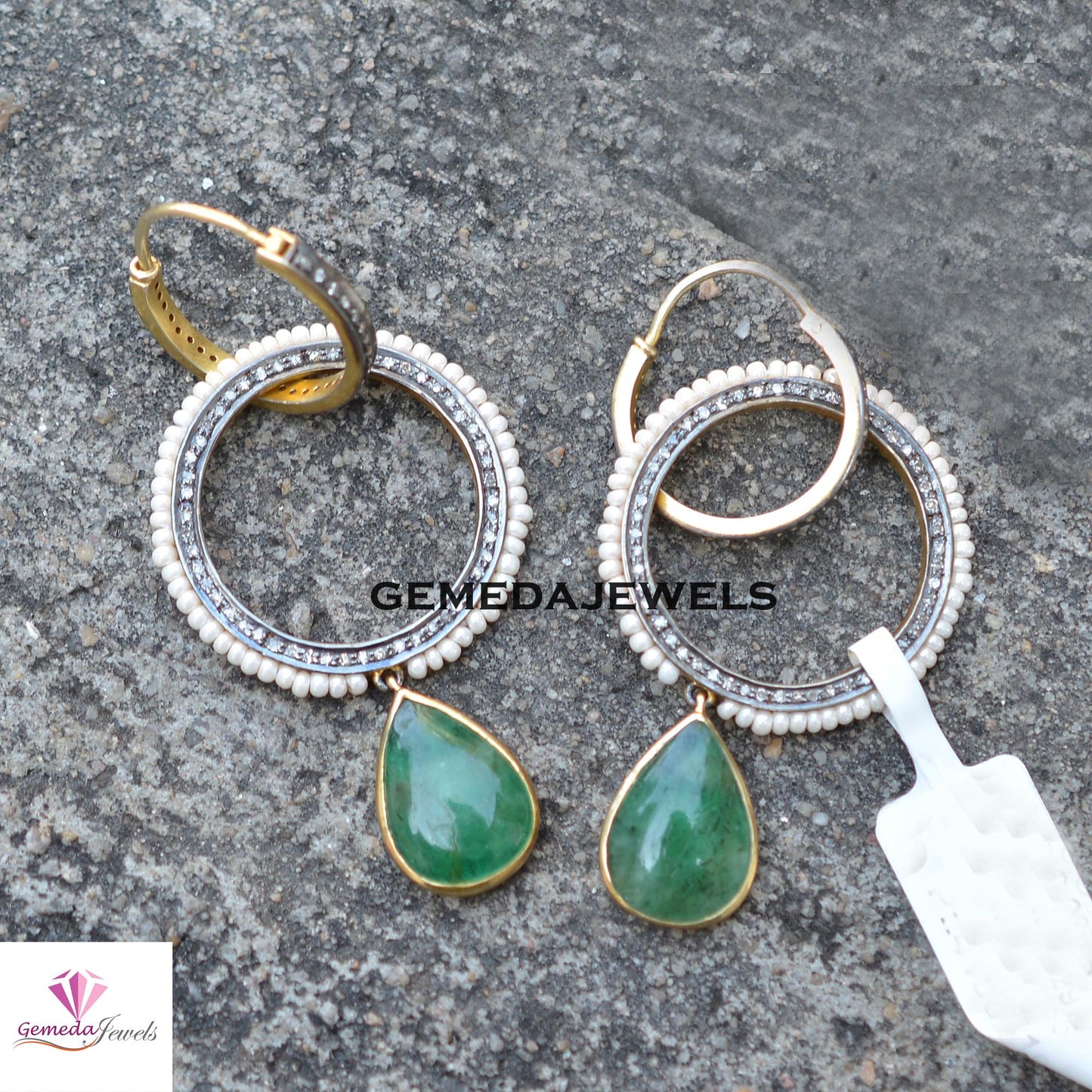 Sale! Classic Emerald Gemstone Earrings, TWO IN-ONE Earrings, Pearl Gemstone Jewelry, Pave Diamond Earrings, Designer Earrings, Gift For Her