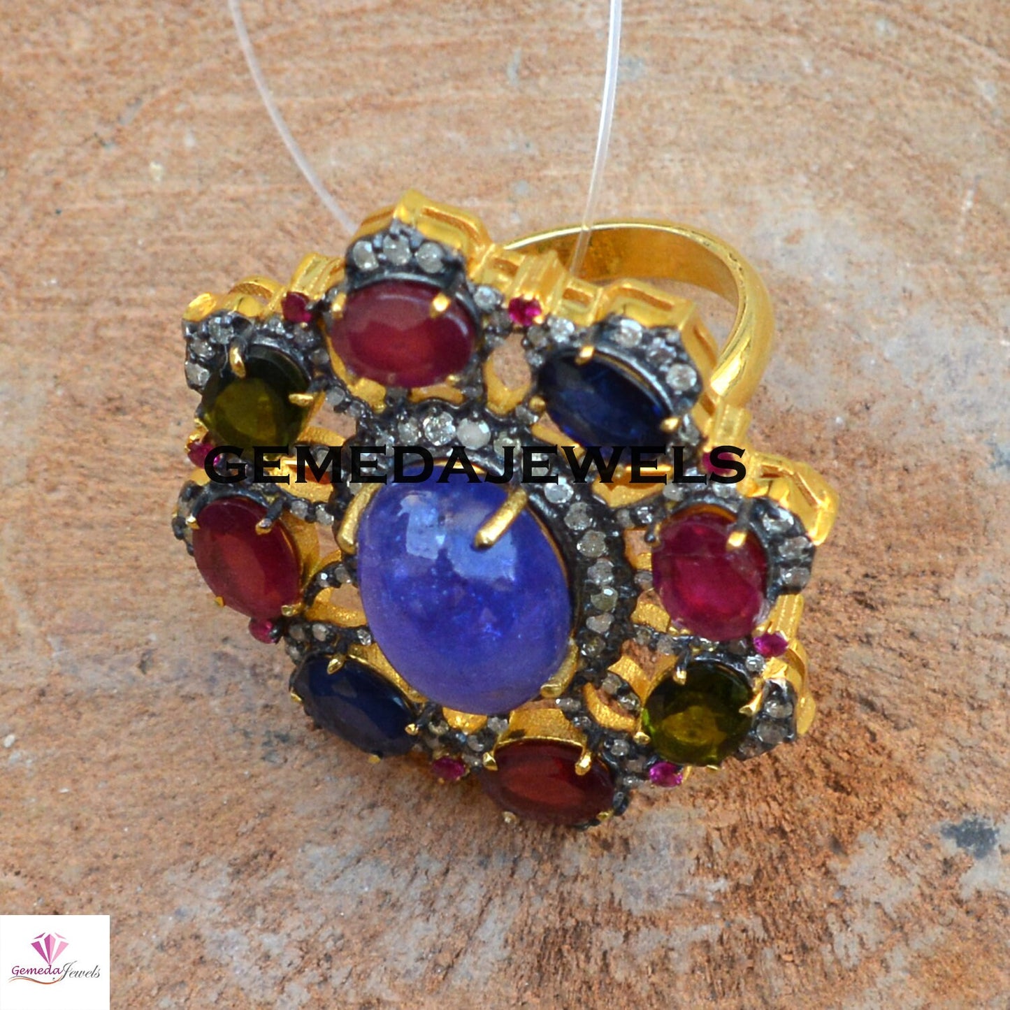 Sale! Real Tanzanite Silver Ring, Multi Gemstone Ring, Gemstone Floral Ring Jewelry, Pave Diamond Ring, 925 Silver Jewelry, Gold Filled Ring
