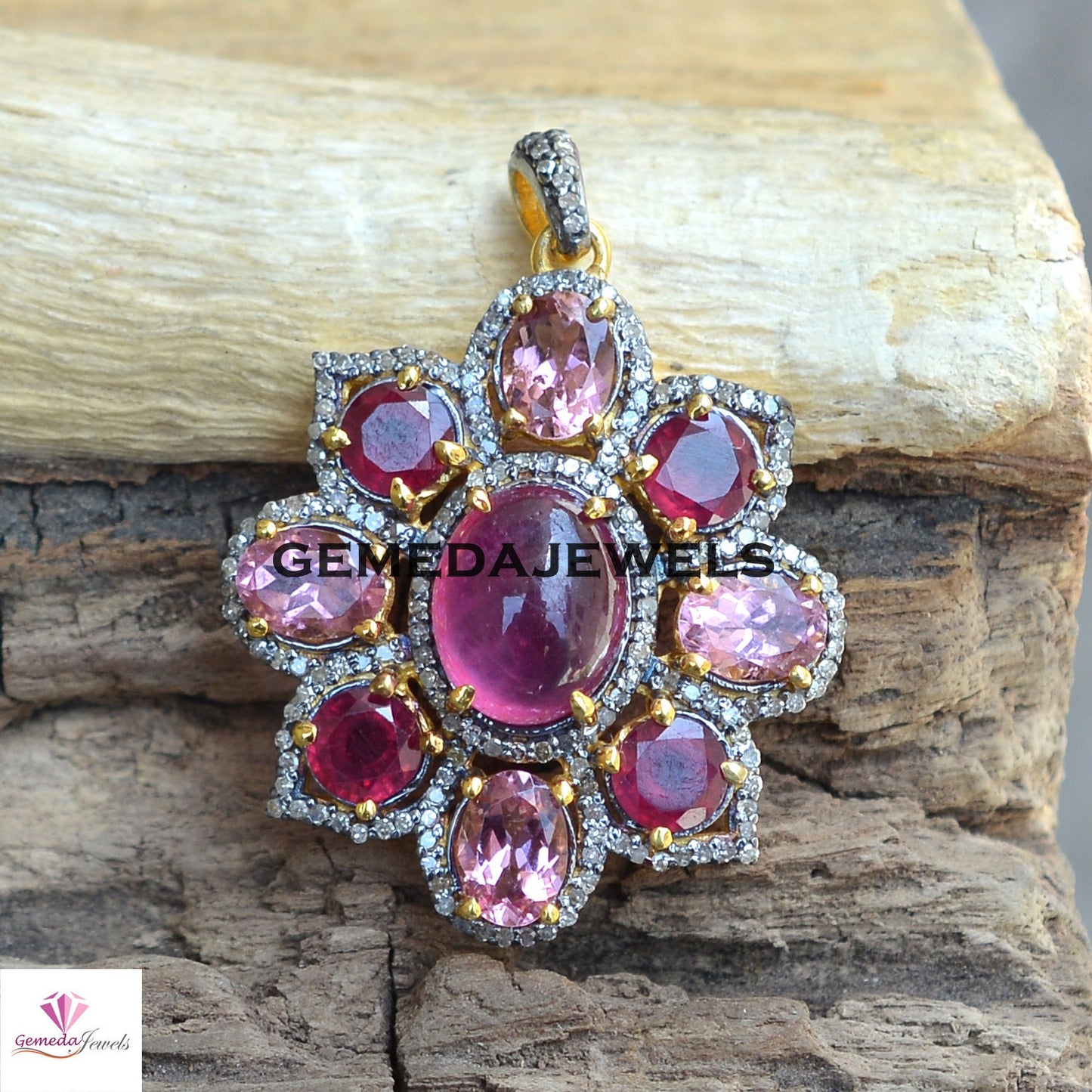 Sale! Ruby Floral Pendant, Pave Diamond Jewelry, 925 Silver Pendant, Gold Filled Jewelry, Sapphire Silver Pendant, 16" Chain Necklace, Gifts