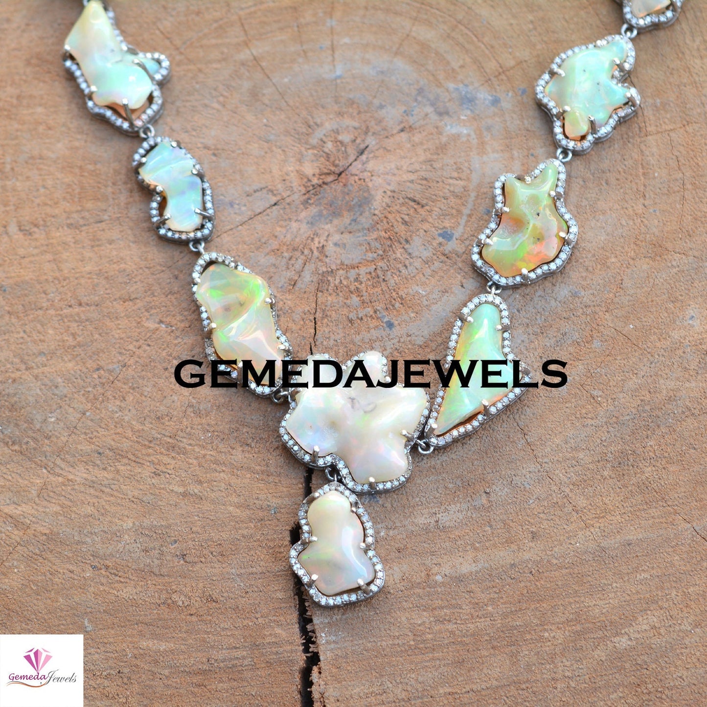 Sale Opal Gemstone Necklace, Pave Diamond Earrings, Opal Necklace Earrings Jewelry Set, 925 Solid Silver, 18" Silver Link Chain Necklace