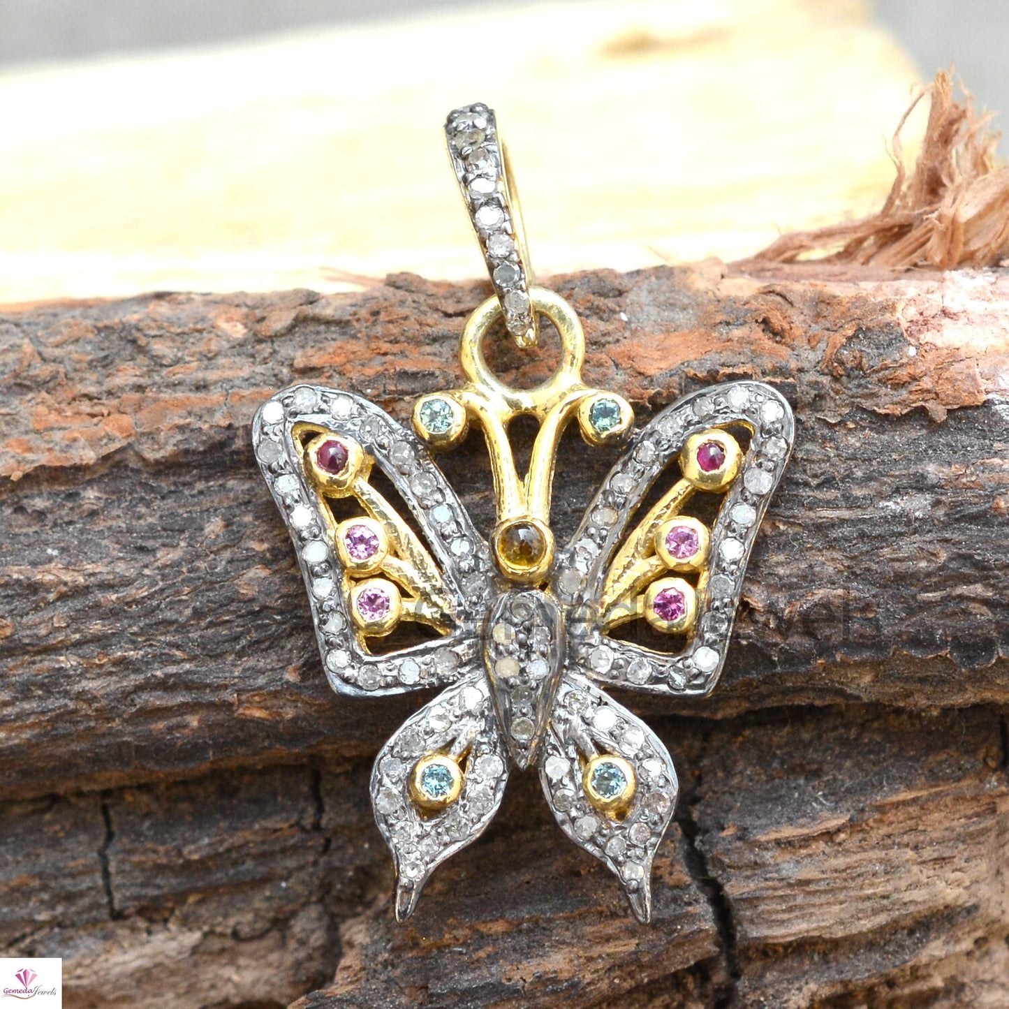 Multi Tourmaline Butterfly Pendant, 925 Silver Gold Plated Jewelry, Pave Diamond Butterfly Pendant Necklace, 16" Silver Chain, Gift For her