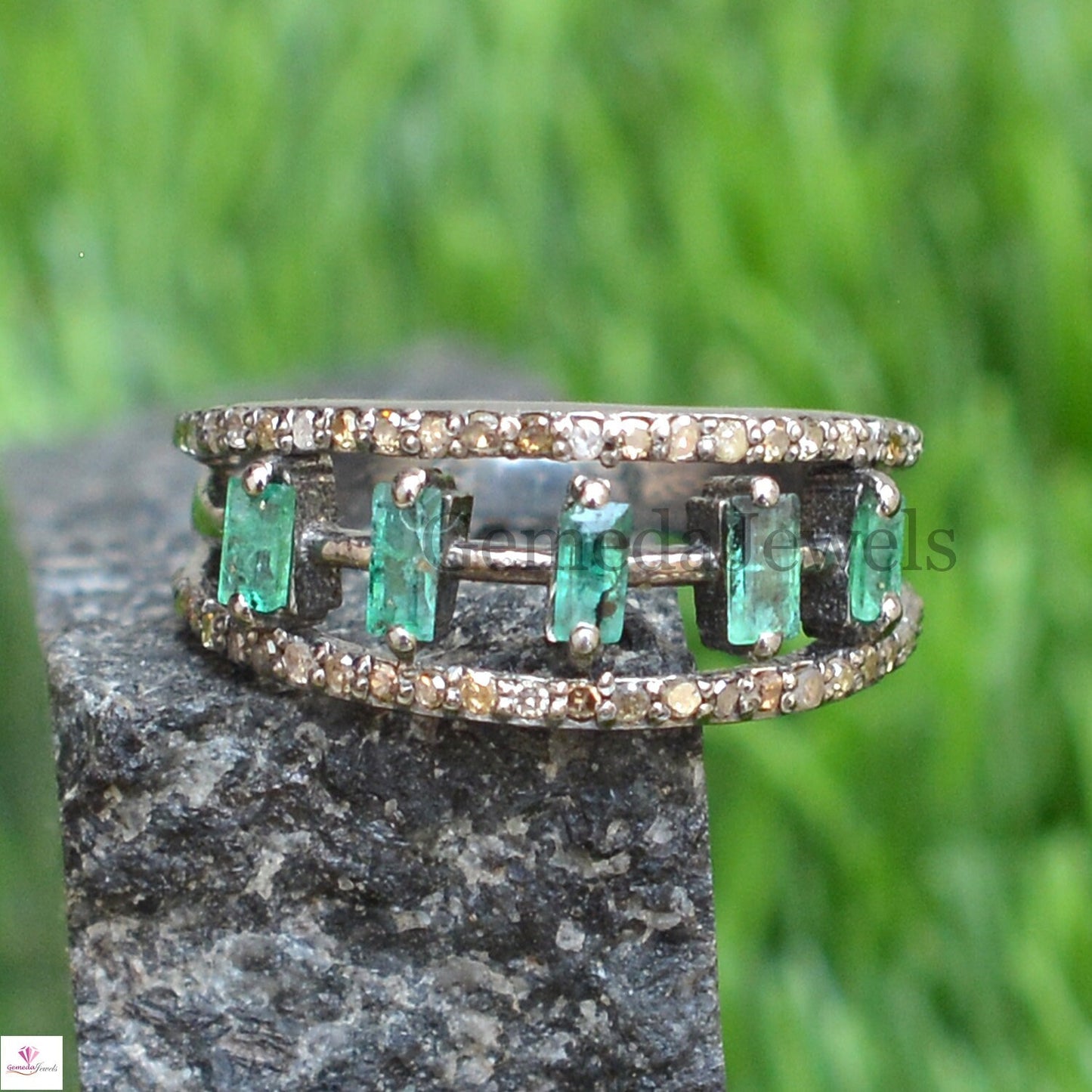 Sale!! Real Pave Diamond Ring, Solid 925 Silver Rhodium Plated  Jewelry, Green Emerald Silver Ring Jewelry, Engagement Ring, Jewelry For Her