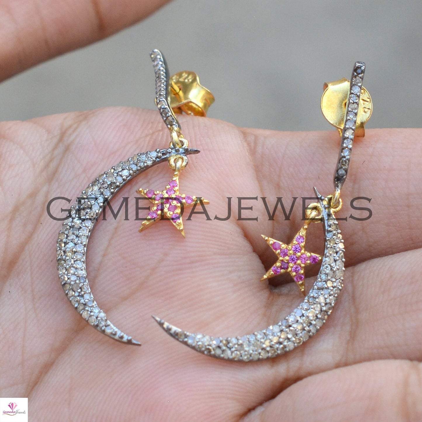 Pave Diamond Crescent Moon Earring, 925 Silver Gold Jewelry, Ruby Gemstone Star Earrings, Handmade Earrings, Gift For her, Bridesmaid Gift