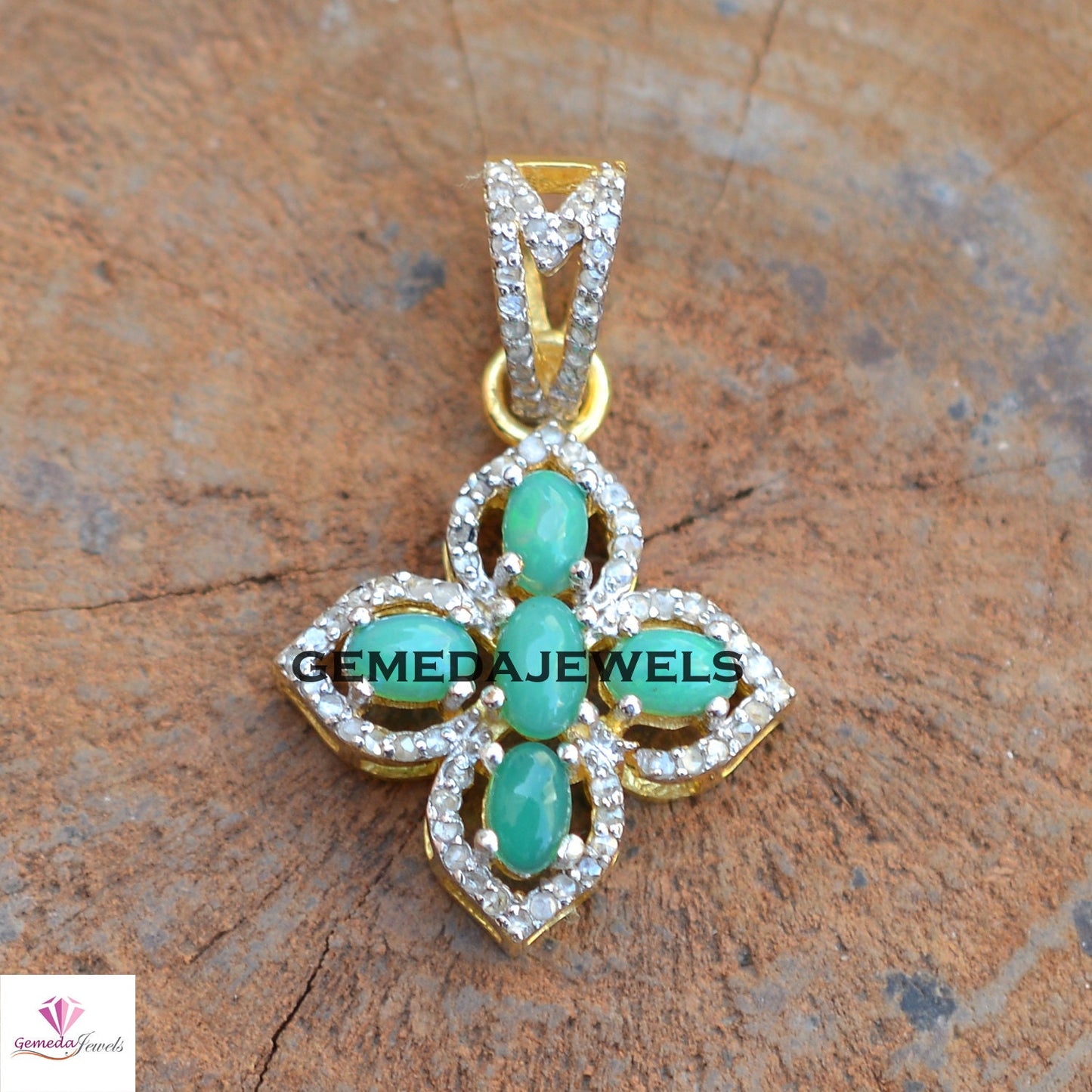 Charming Green Opal Pendant, Pave Diamond Pendant, 925 Silver Jewelry, 14k Gold Vermeil Jewelry, 16" Link Chain Necklace, Flower Pendant