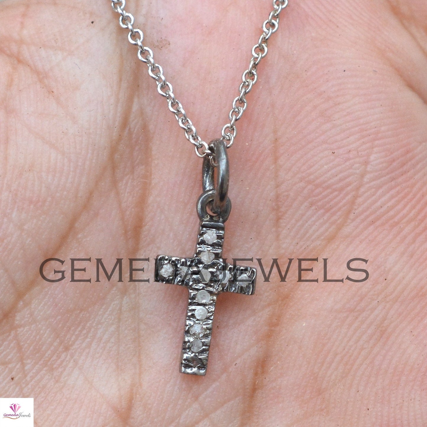 925 Silver Cross Charm Pendant, Pave Diamond Pendant Jewelry, Real Diamond Cross Jewelry, 16" Silver Link Chain Necklace, Personalized Gift
